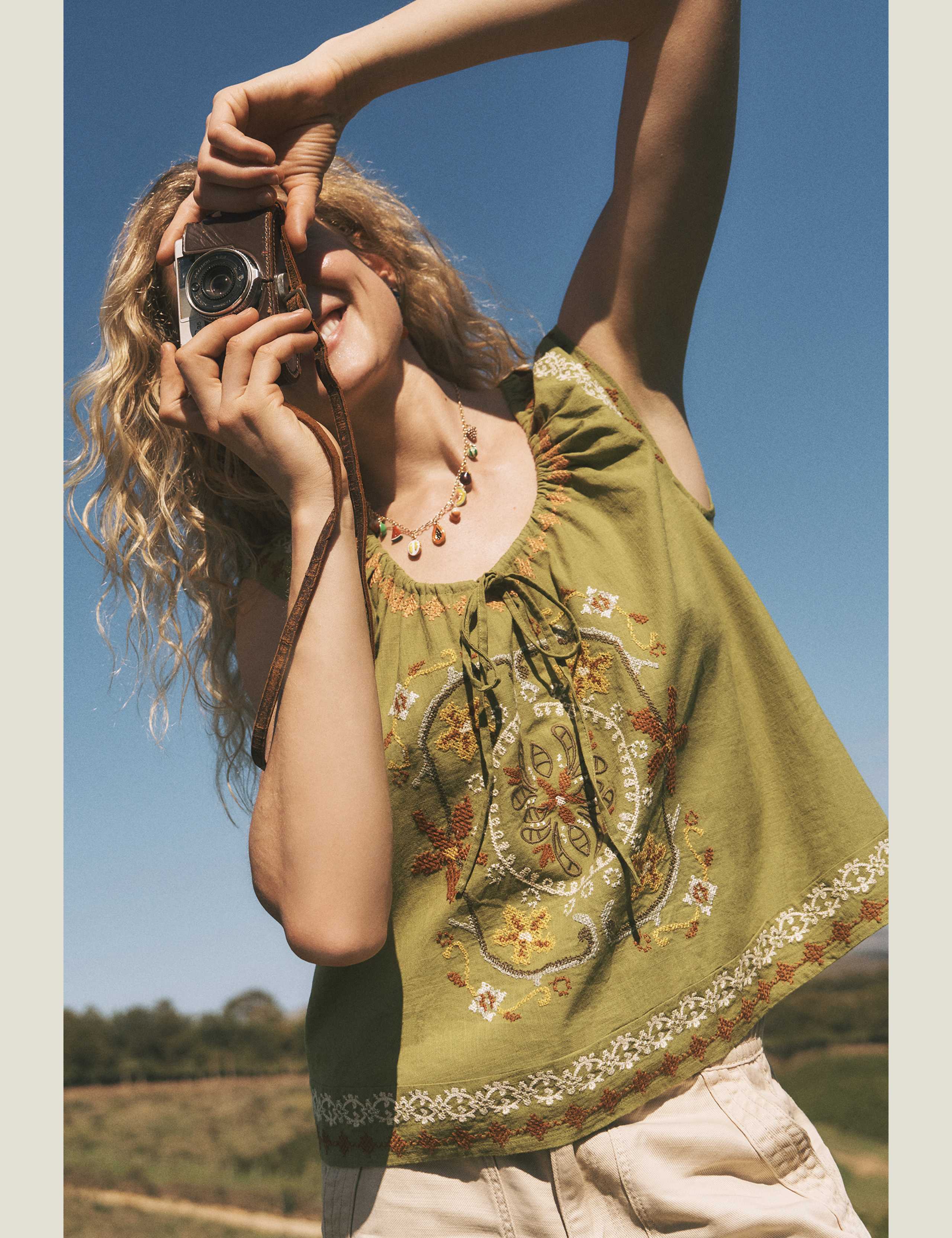 Pure Cotton Embroidered Tie Neck Blouse 7 of 7