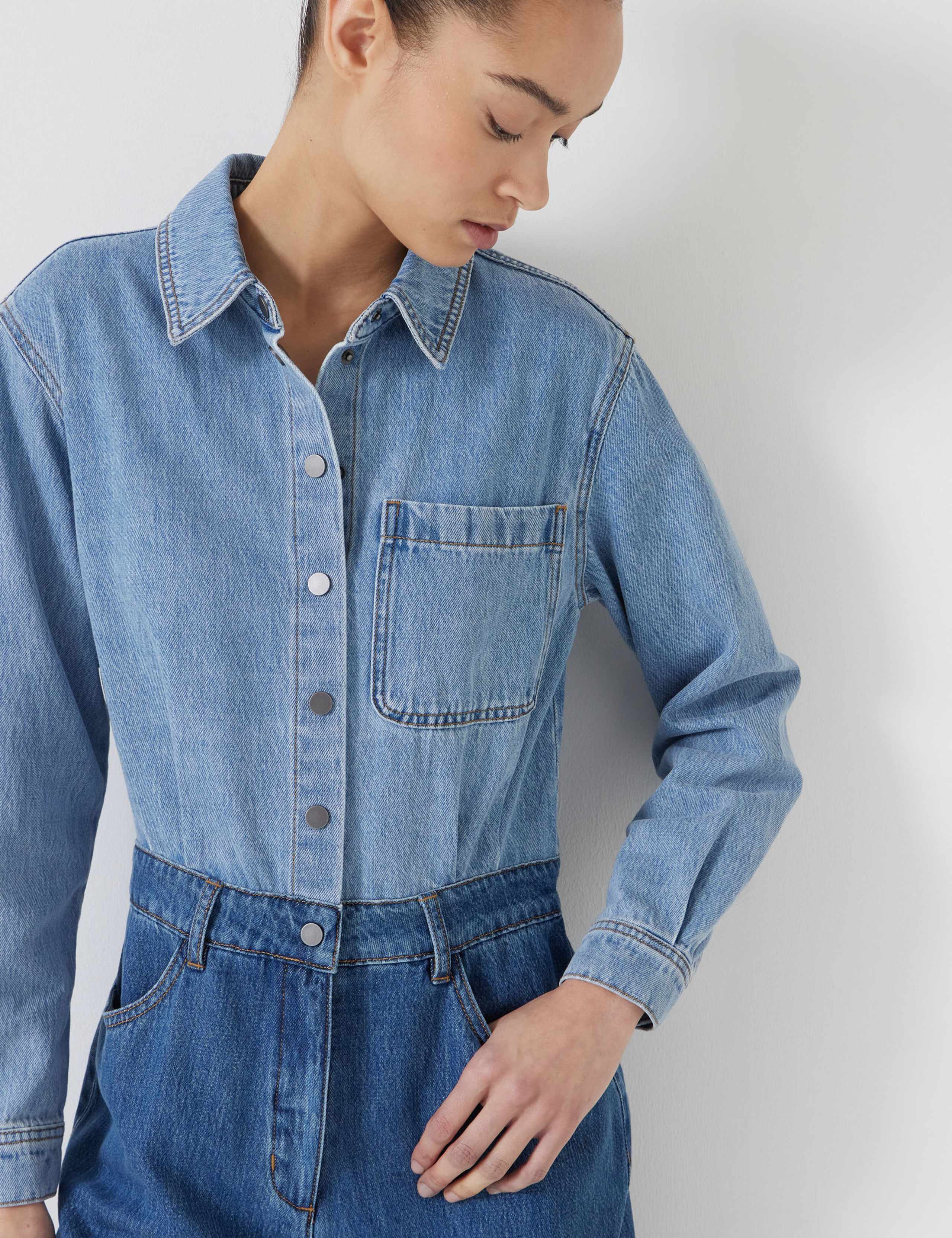 Lyocell Denim Two-Tone Long Sleeve Jumpsuit 5 of 5
