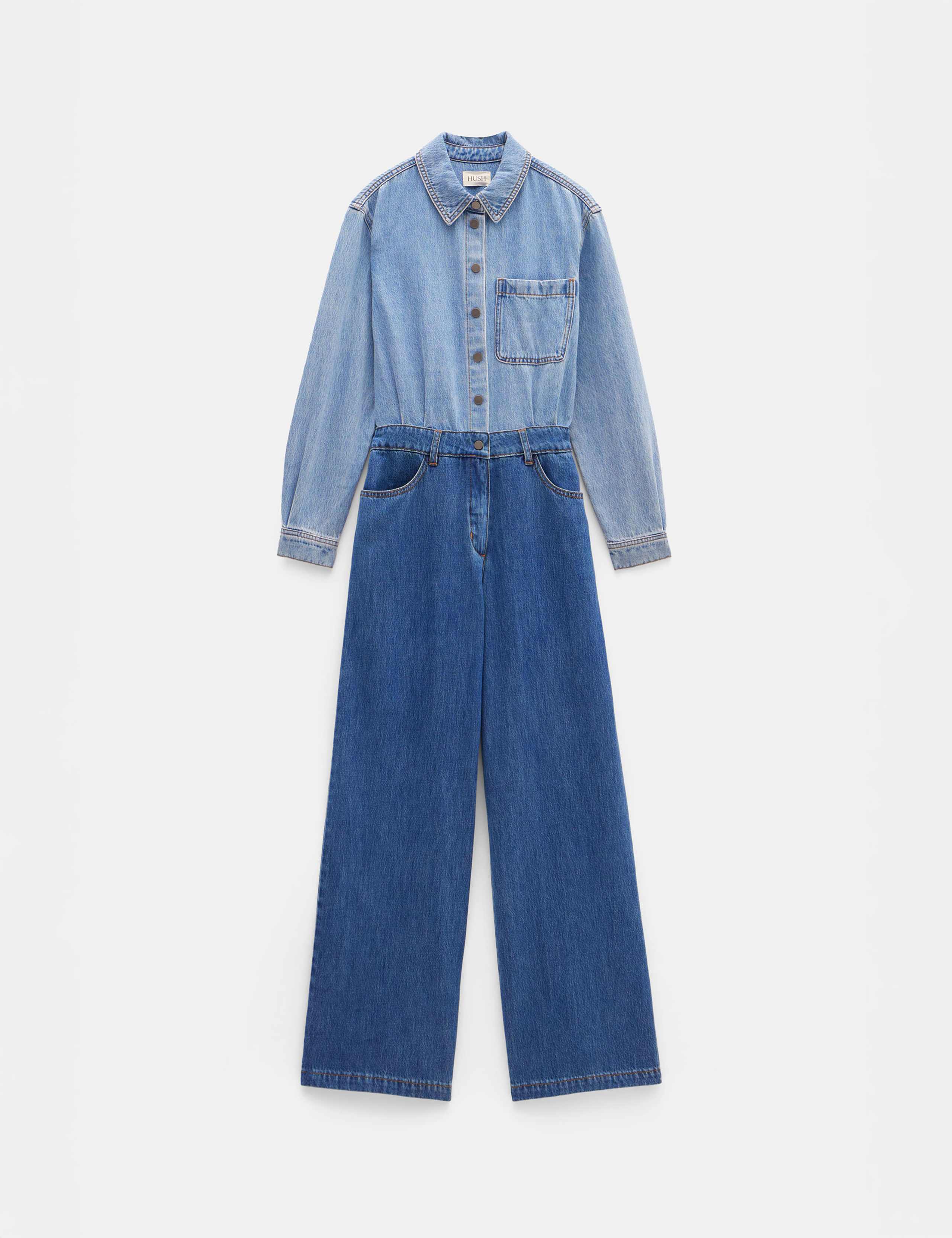 Lyocell Denim Two-Tone Long Sleeve Jumpsuit 2 of 5