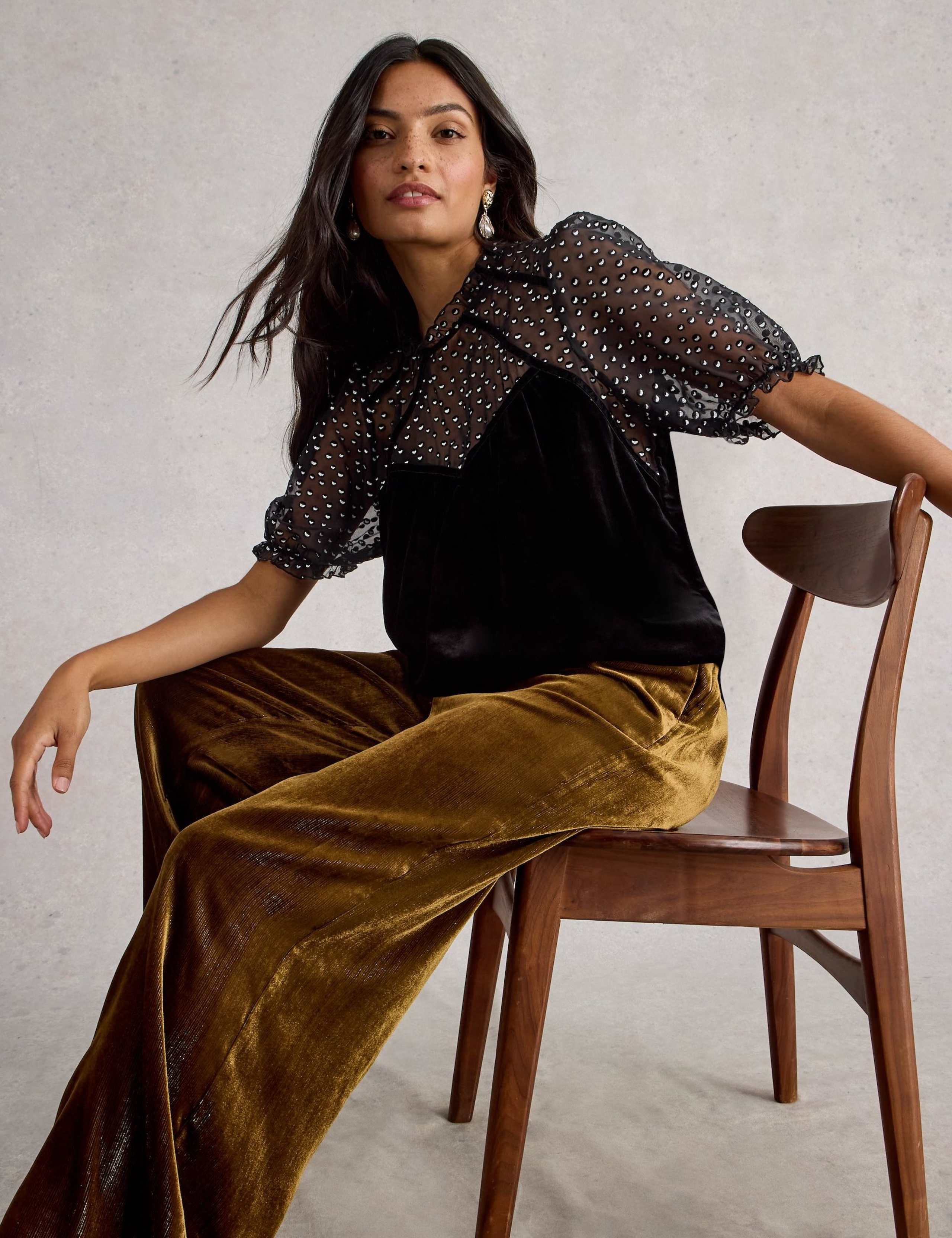 Velvet and Mesh Printed Frill Puff Sleeve Blouse 3 of 6