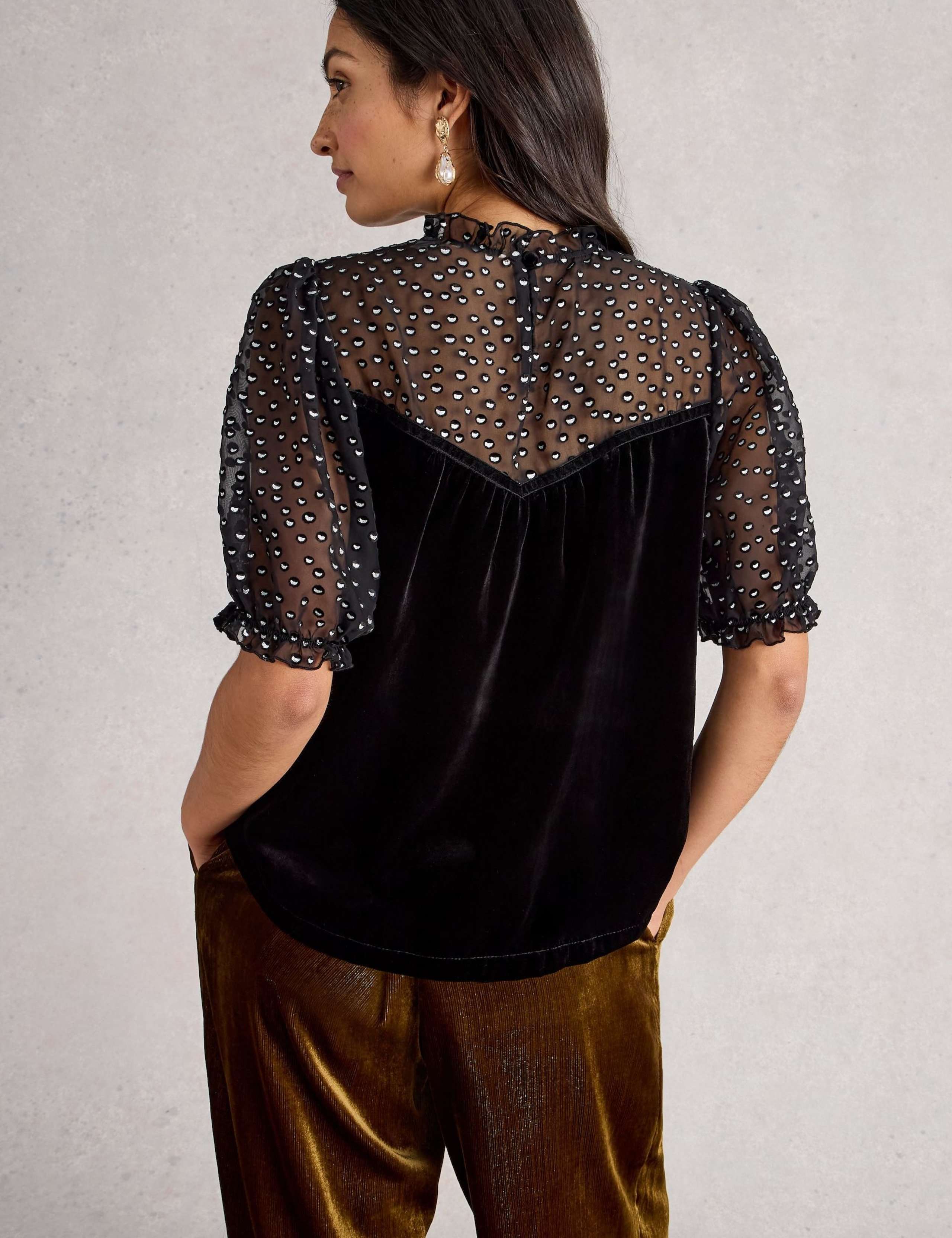 Velvet and Mesh Printed Frill Puff Sleeve Blouse 4 of 6