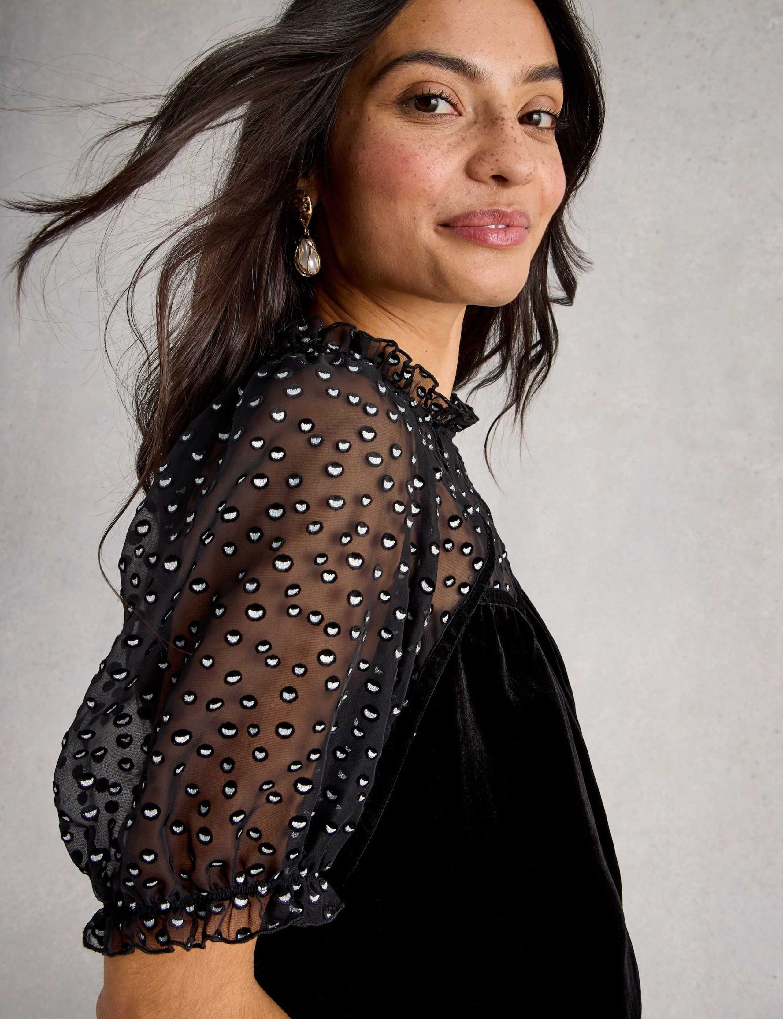 Velvet and Mesh Printed Frill Puff Sleeve Blouse 5 of 6