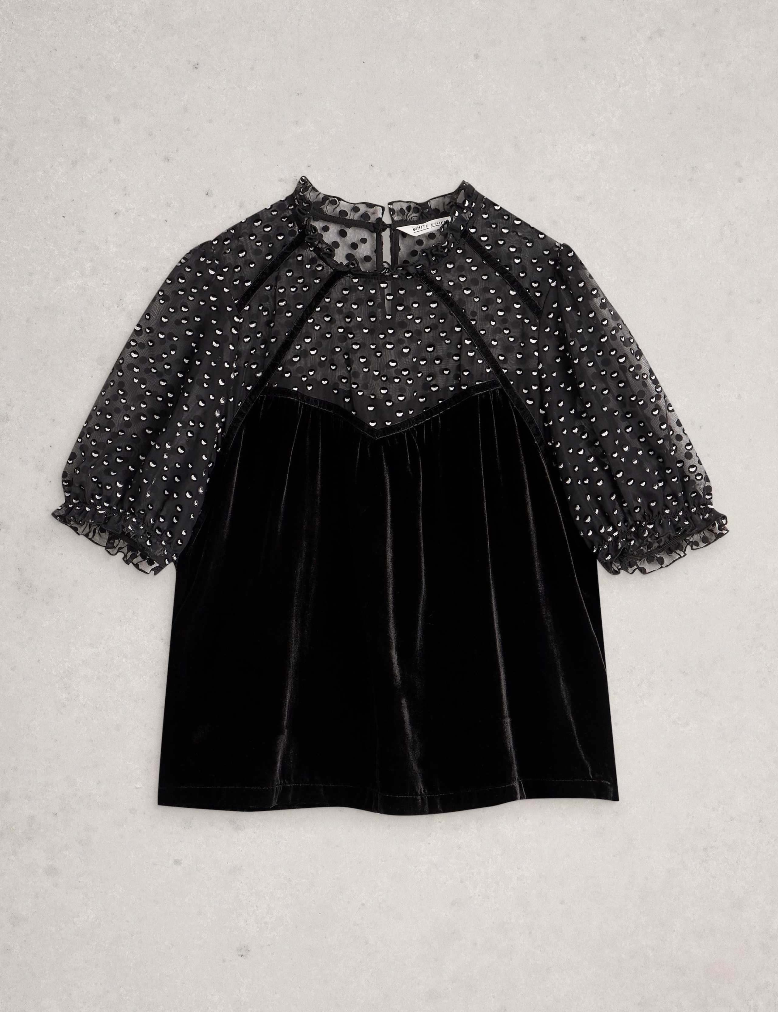 Velvet and Mesh Printed Frill Puff Sleeve Blouse 2 of 6