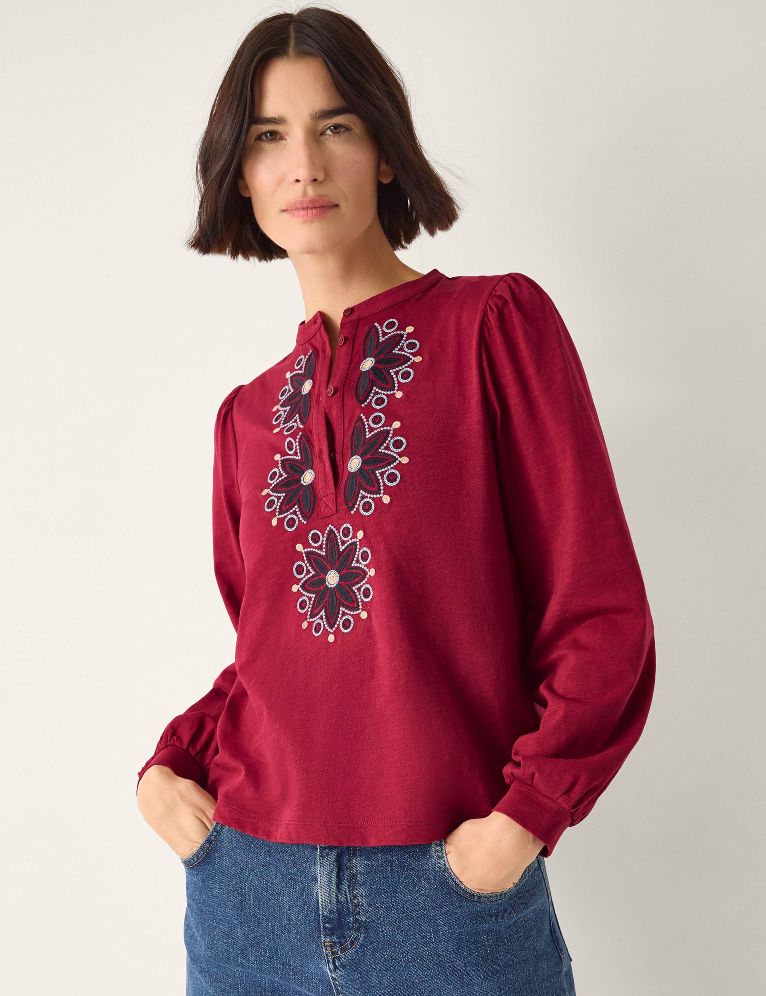 Pure Cotton Embroidered Blouson Sleeve Blouse 1 of 5