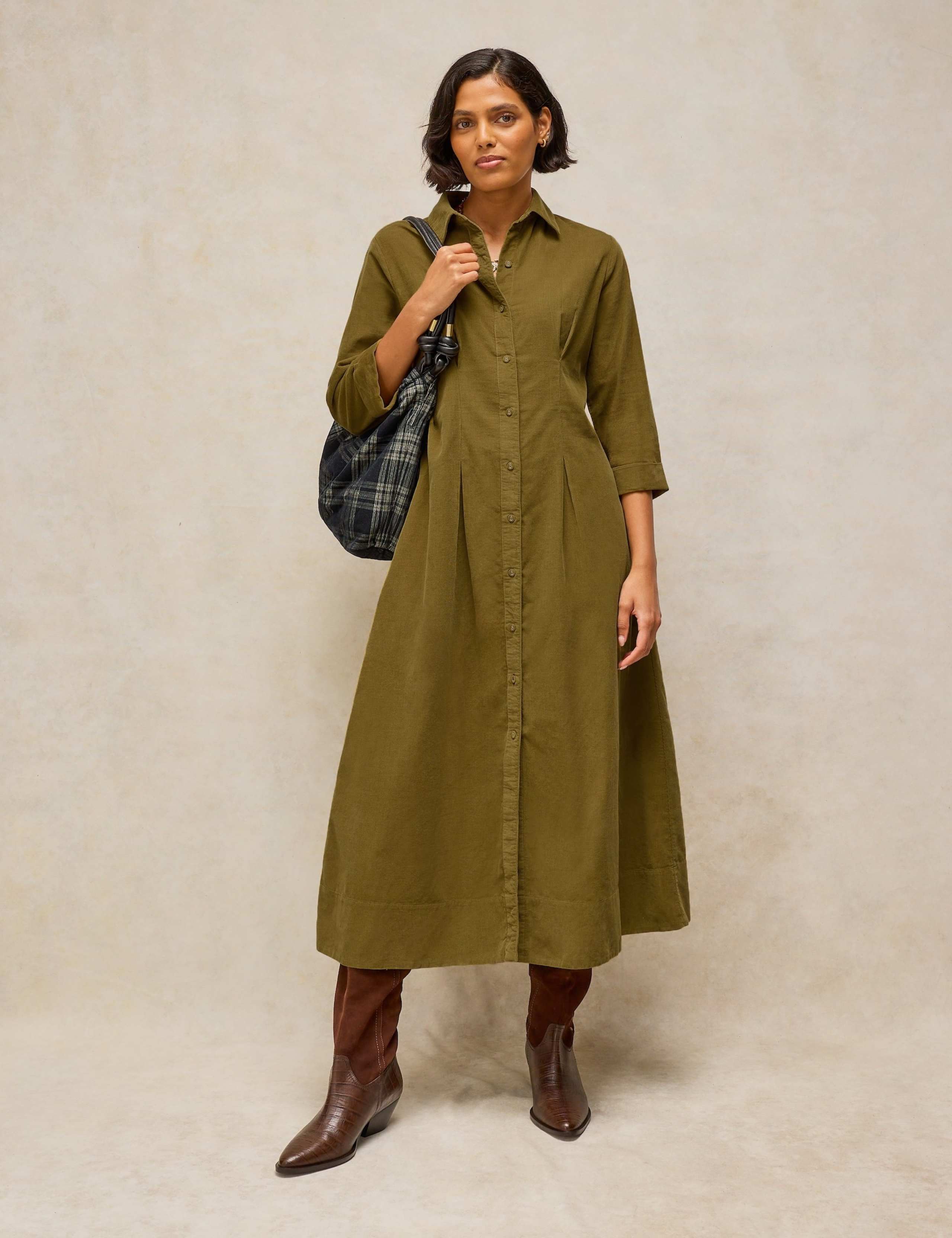 Cord Pleated Notch Neck Midi Dress 1 of 6