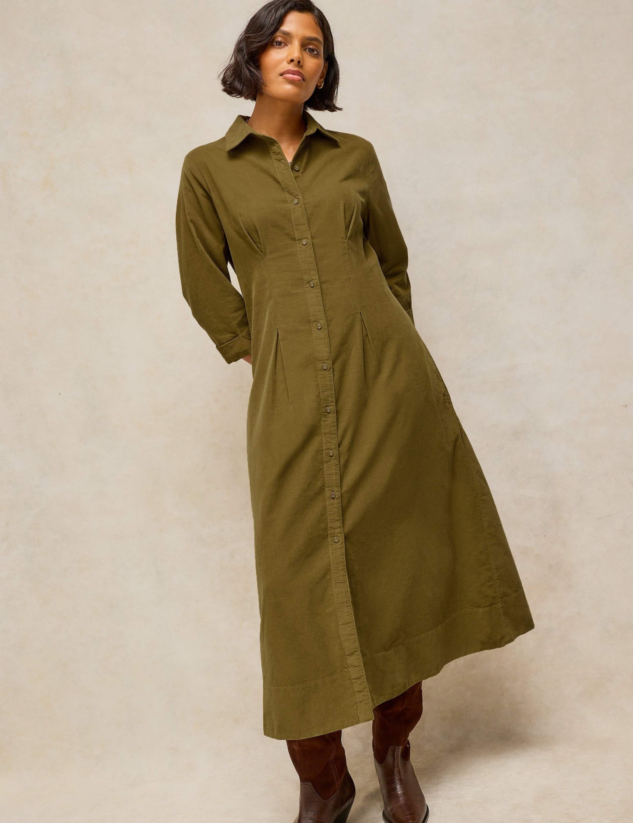 Cord Pleated Notch Neck Midi Dress 3 of 6