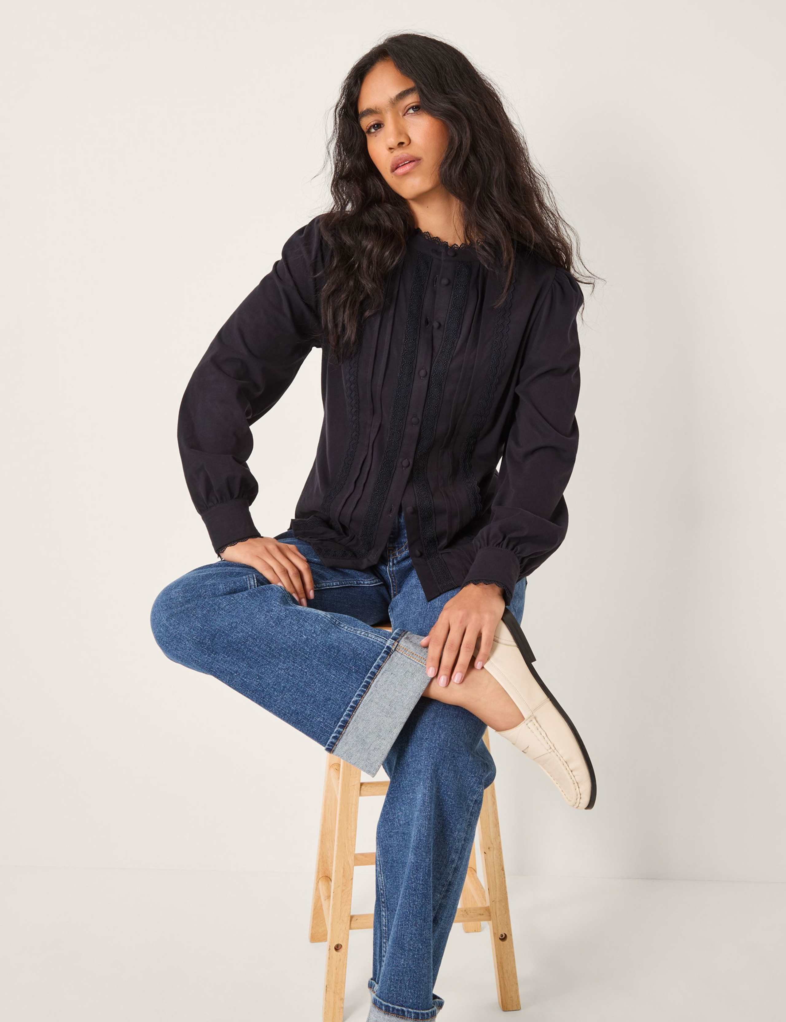 Pure Cotton Pintuck Lace Trim Shirt 4 of 5