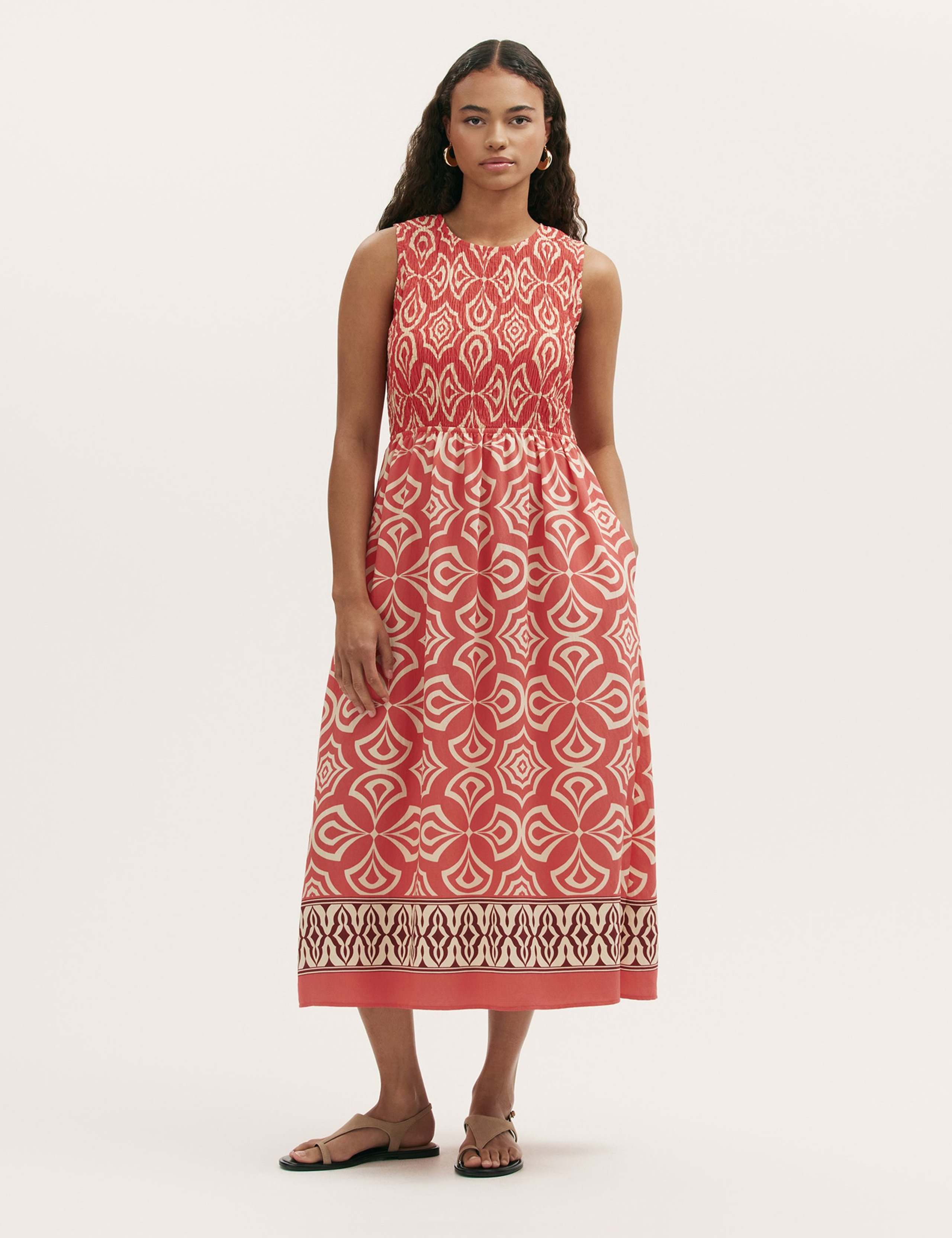 Printed Round Neck Midi Shirred Dress 1 of 5