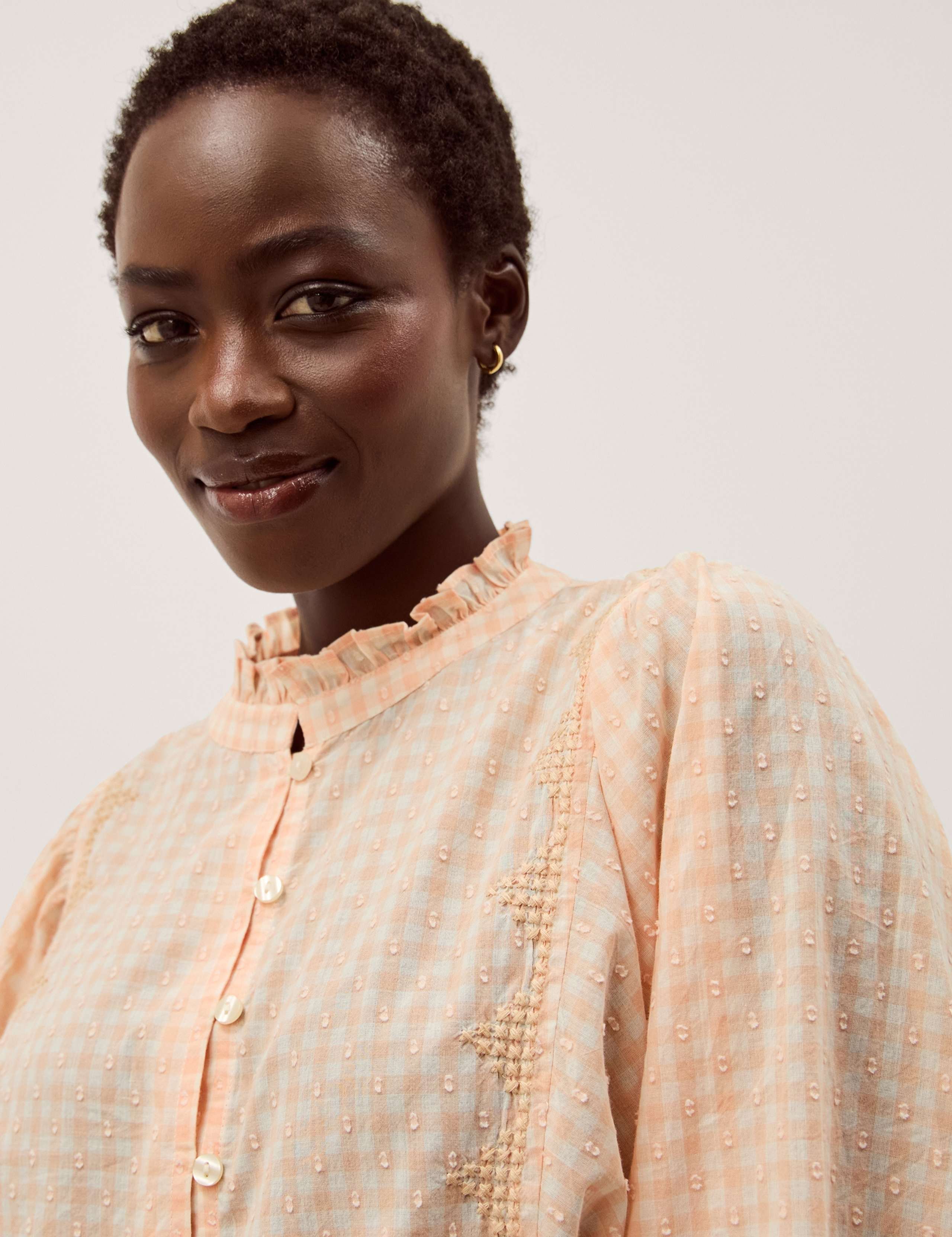 Pure Cotton Gingham Ruffle High Neck Shirt 5 of 5