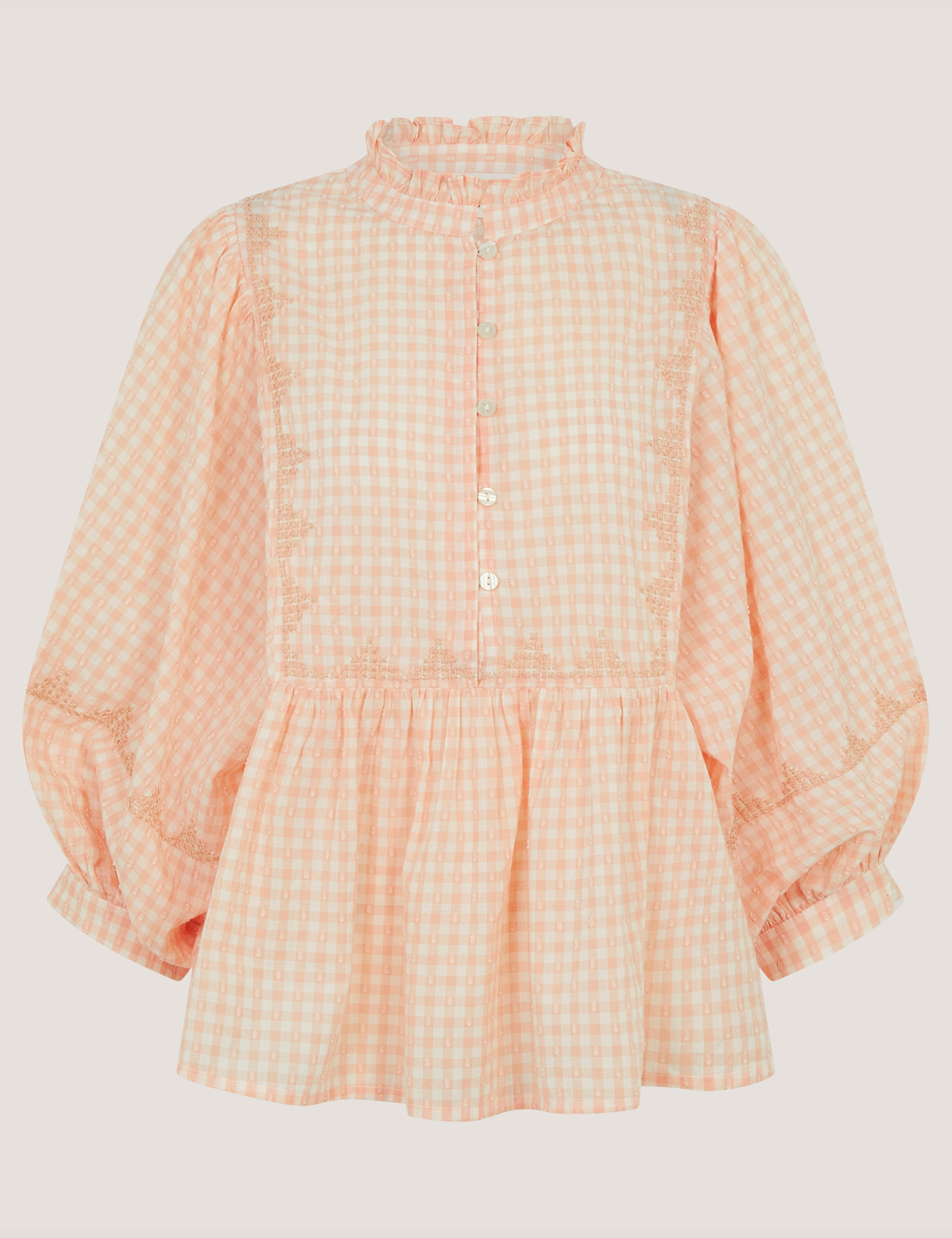 Pure Cotton Gingham Ruffle High Neck Shirt 2 of 5