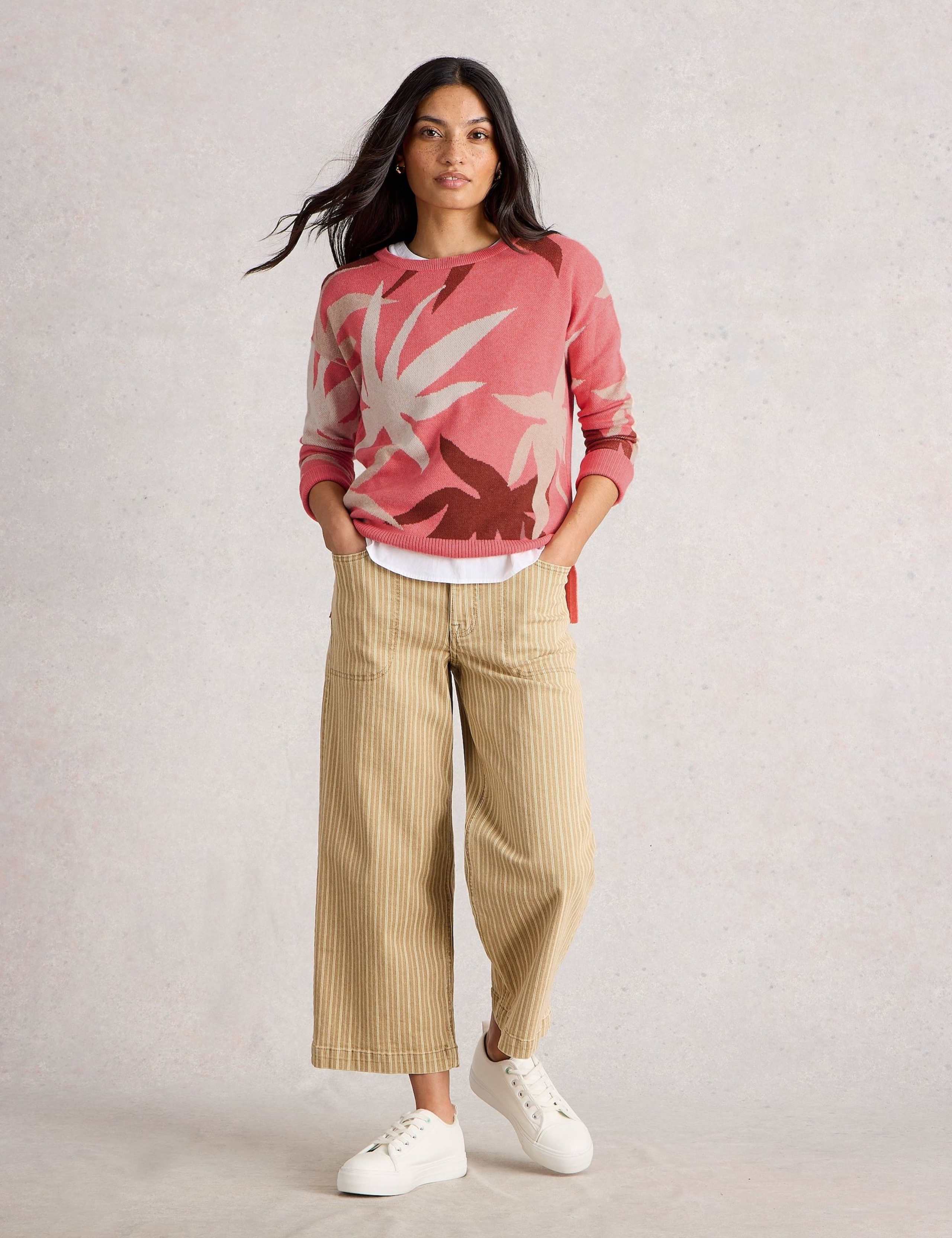 Cotton Blend Leaf Print Crew Neck Jumper 1 of 6