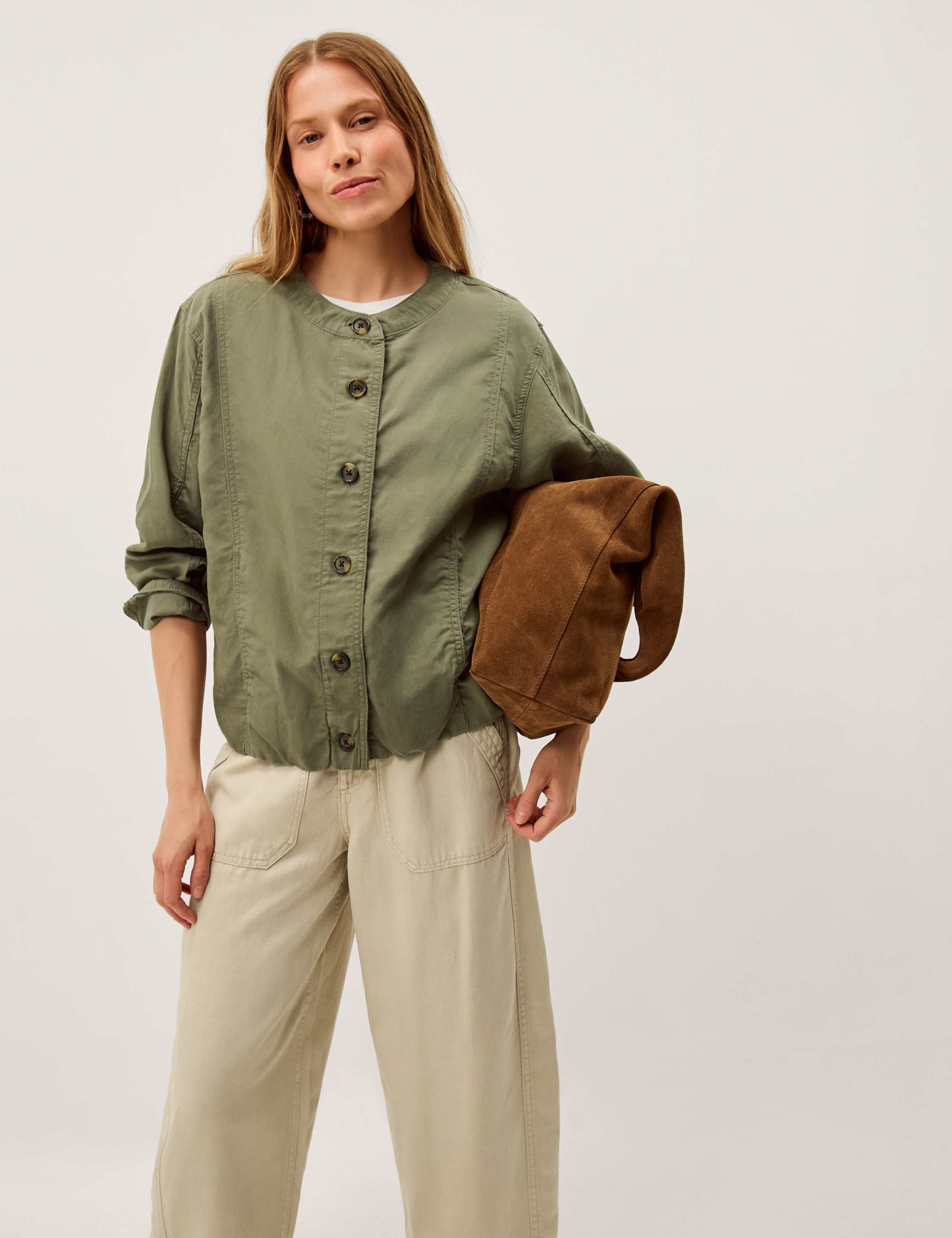 Collarless Bomber Jacket with Linen 1 of 6