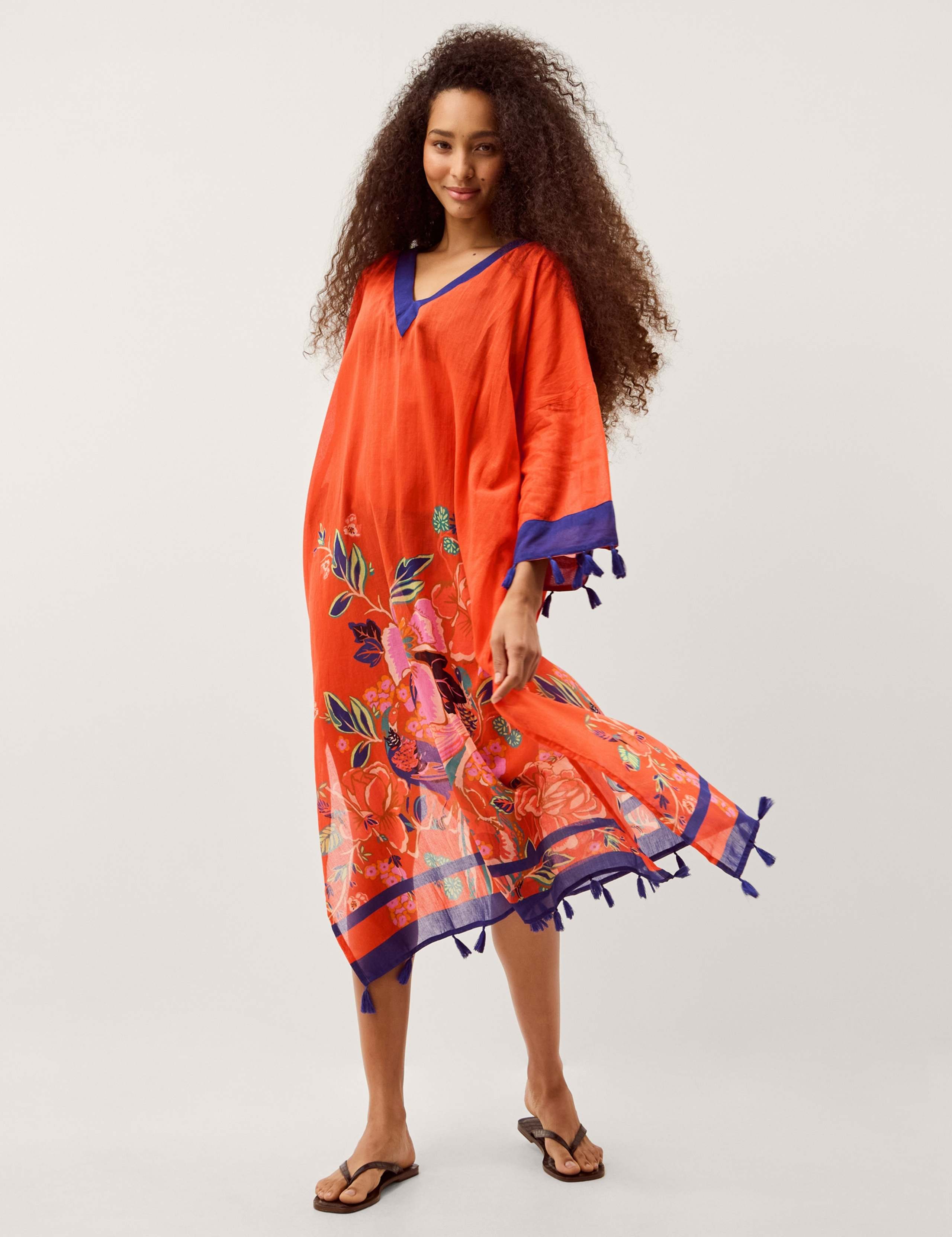 Cotton Rich Floral Lace Up Kaftan 1 of 6