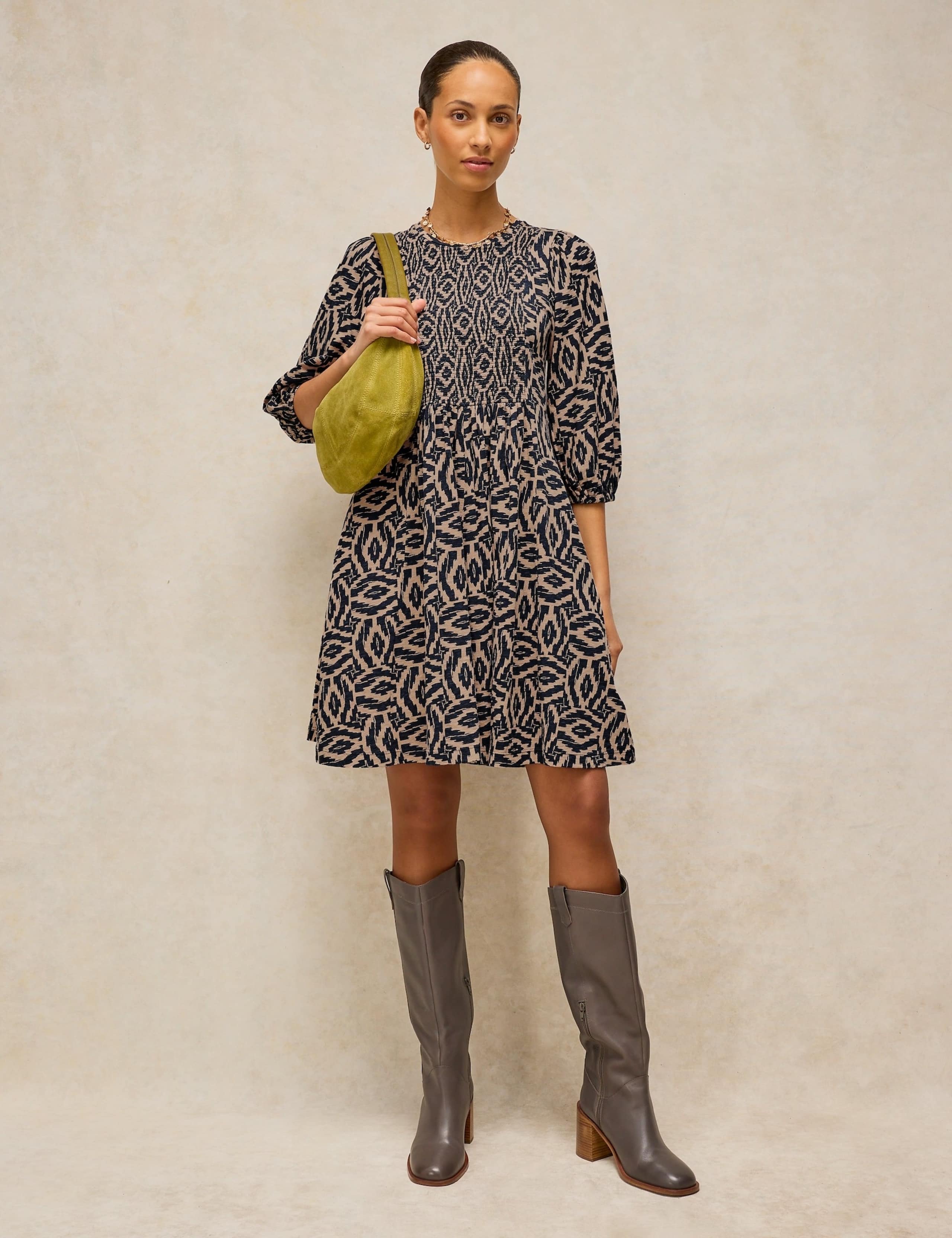 Cotton Rich Patterned V Neck Knee Length Dress 1 of 6