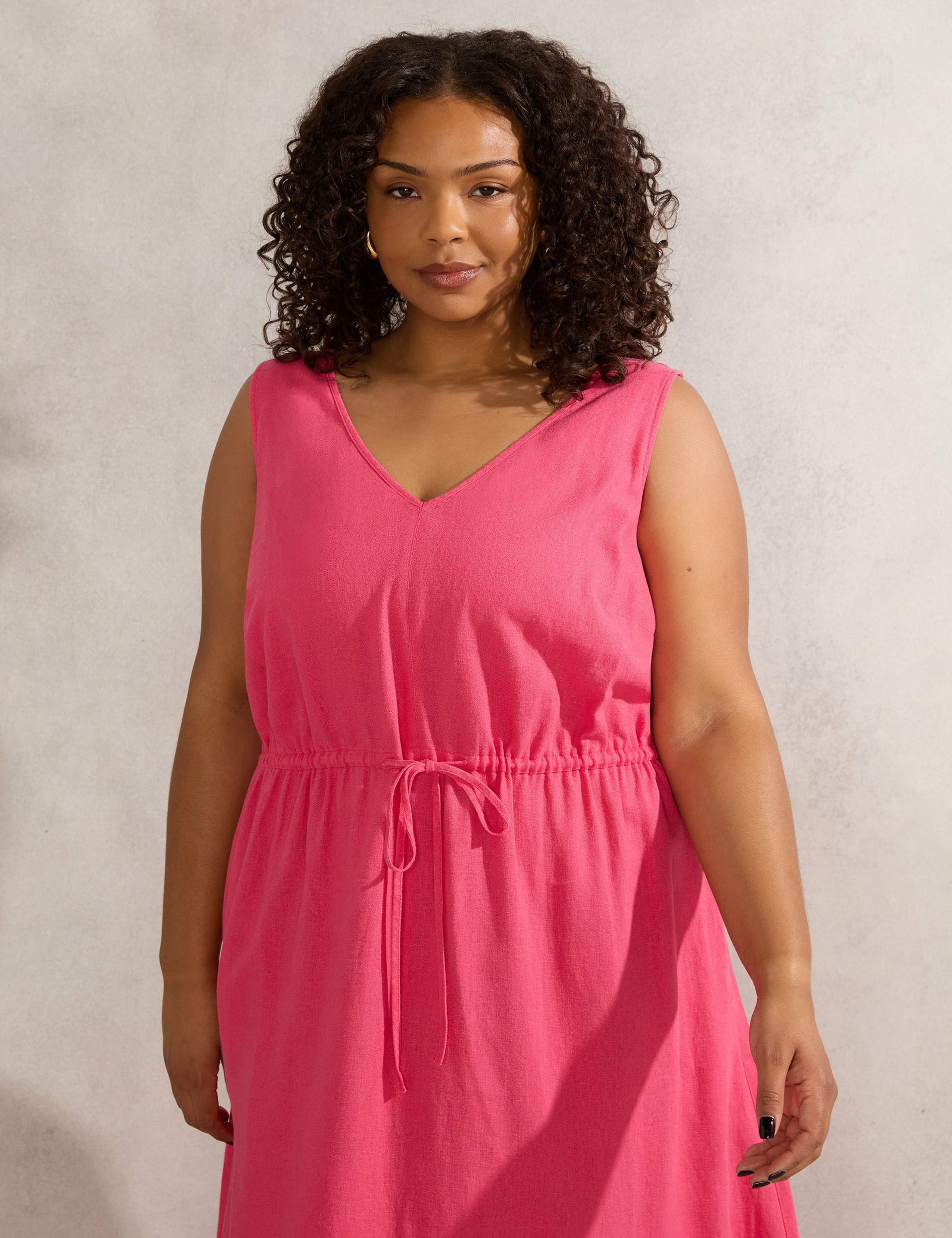 Linen Blend V-Neck Midi Waisted Dress 2 of 3