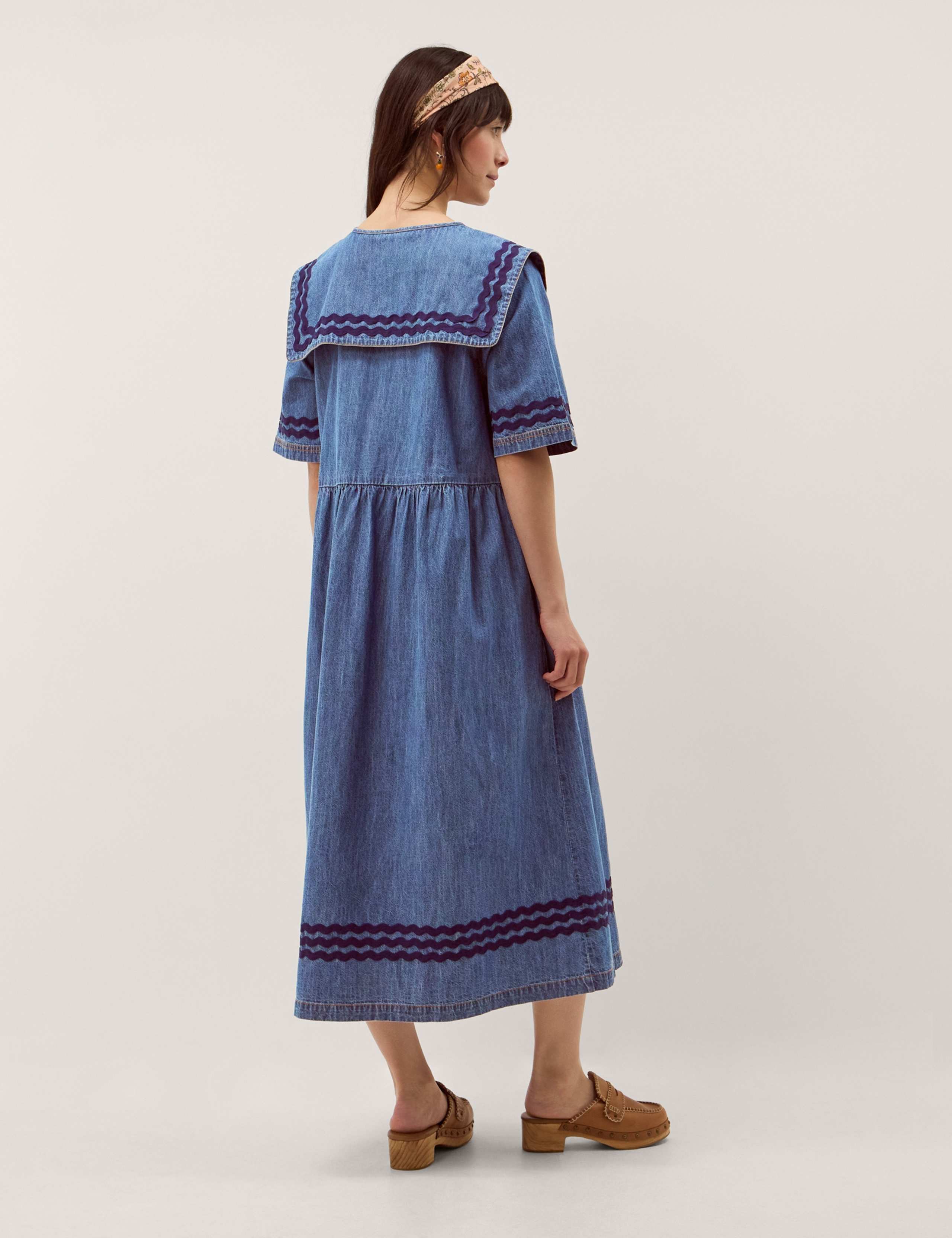 Denim Tie Neck Midi Smock Dress 3 of 5