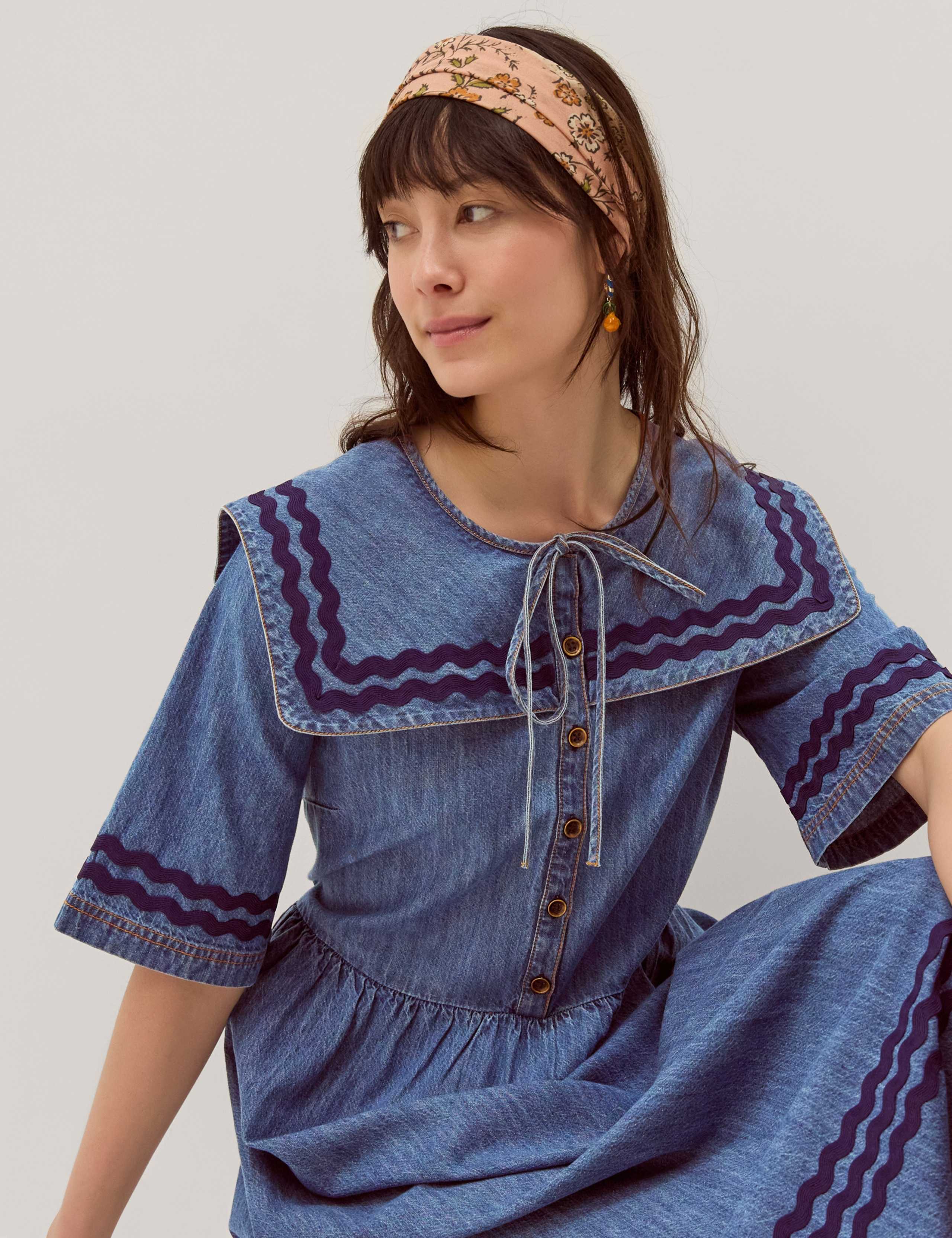 Denim Tie Neck Midi Smock Dress 4 of 5