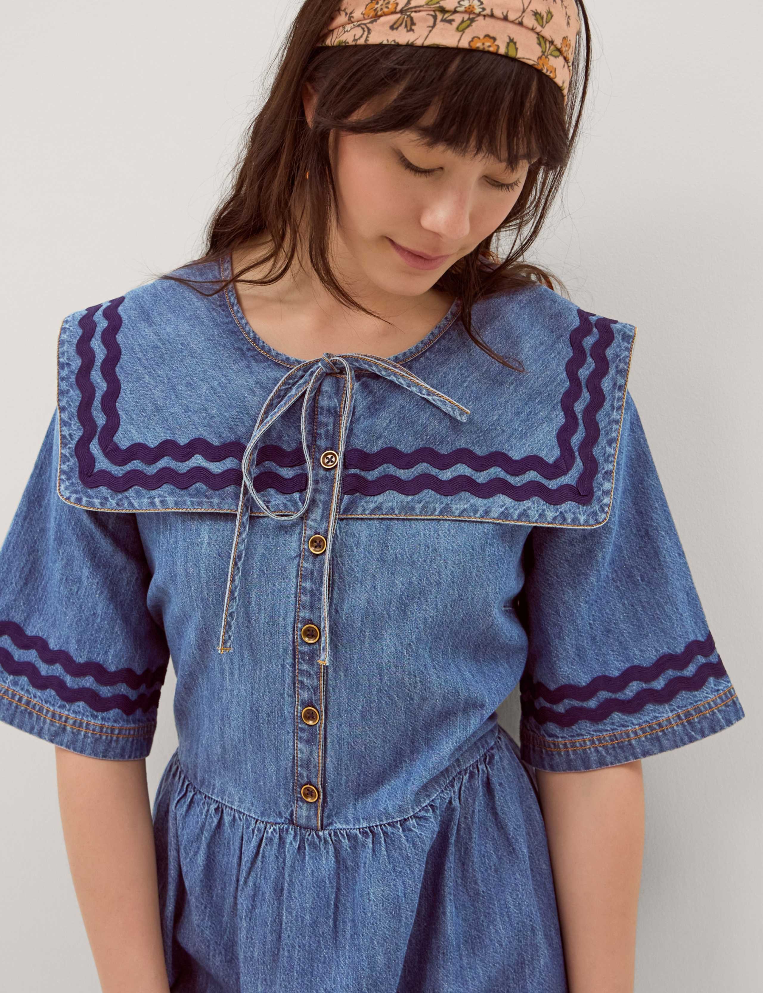 Denim Tie Neck Midi Smock Dress 5 of 5