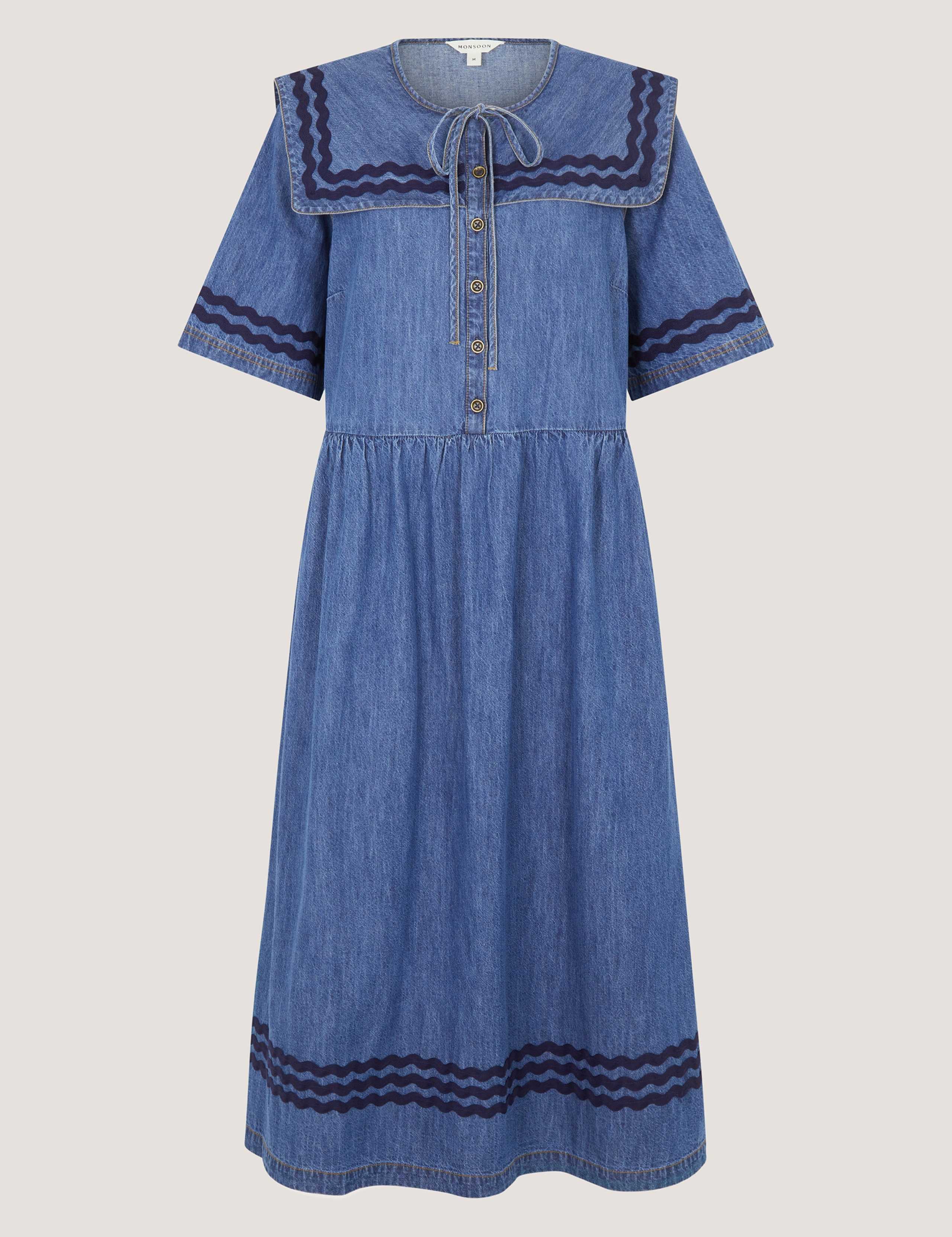 Denim Tie Neck Midi Smock Dress 2 of 5