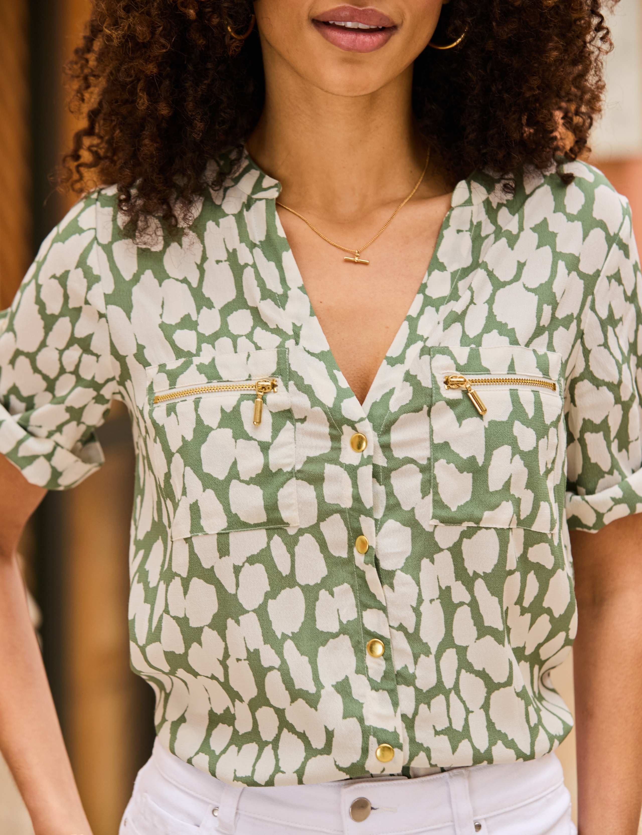 Printed V-Neck Button Front Tunic Top 3 of 7