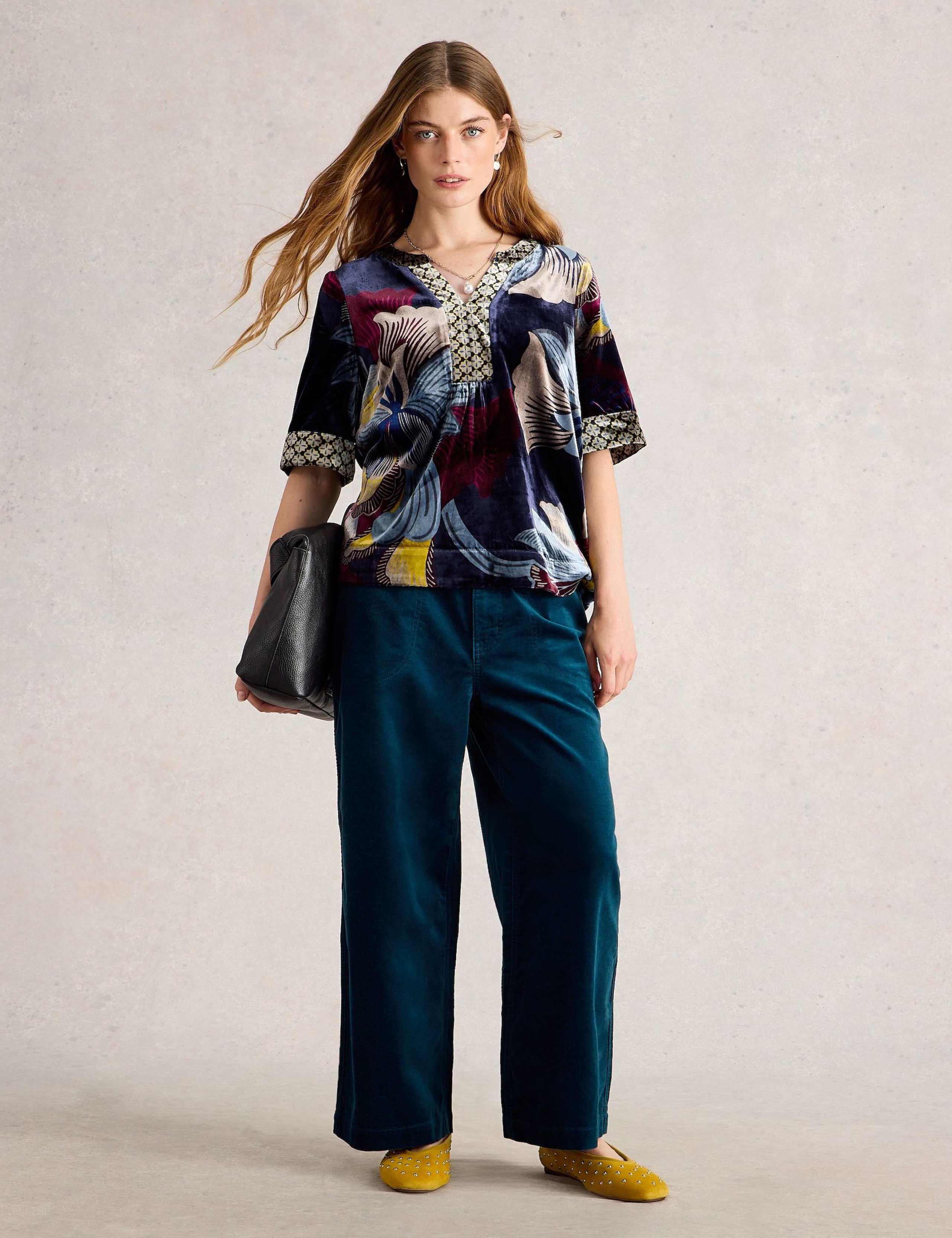 Velvet Printed V-Neck Popover Blouse 1 of 6