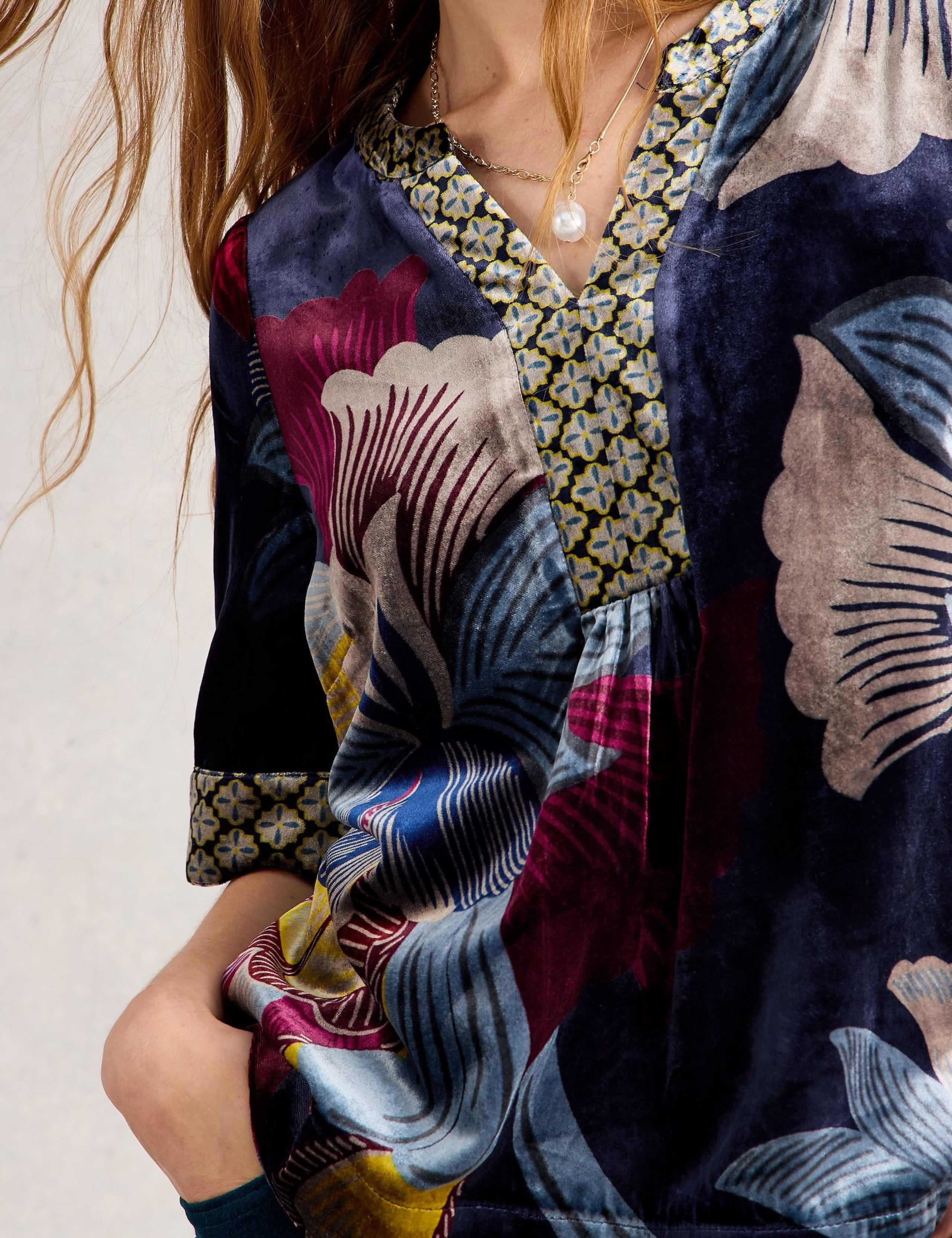 Velvet Printed V-Neck Popover Blouse 3 of 6