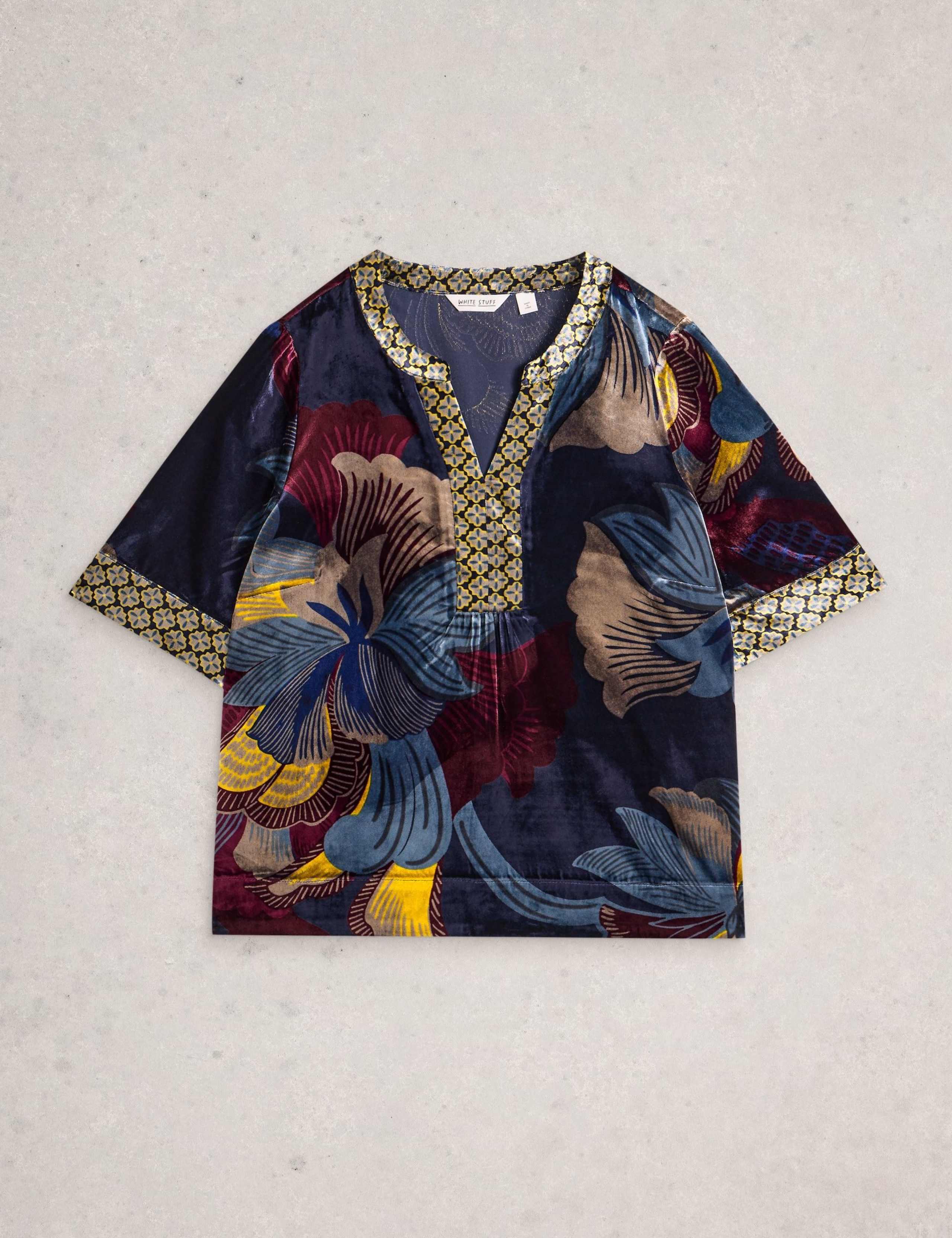 Velvet Printed V-Neck Popover Blouse 2 of 6