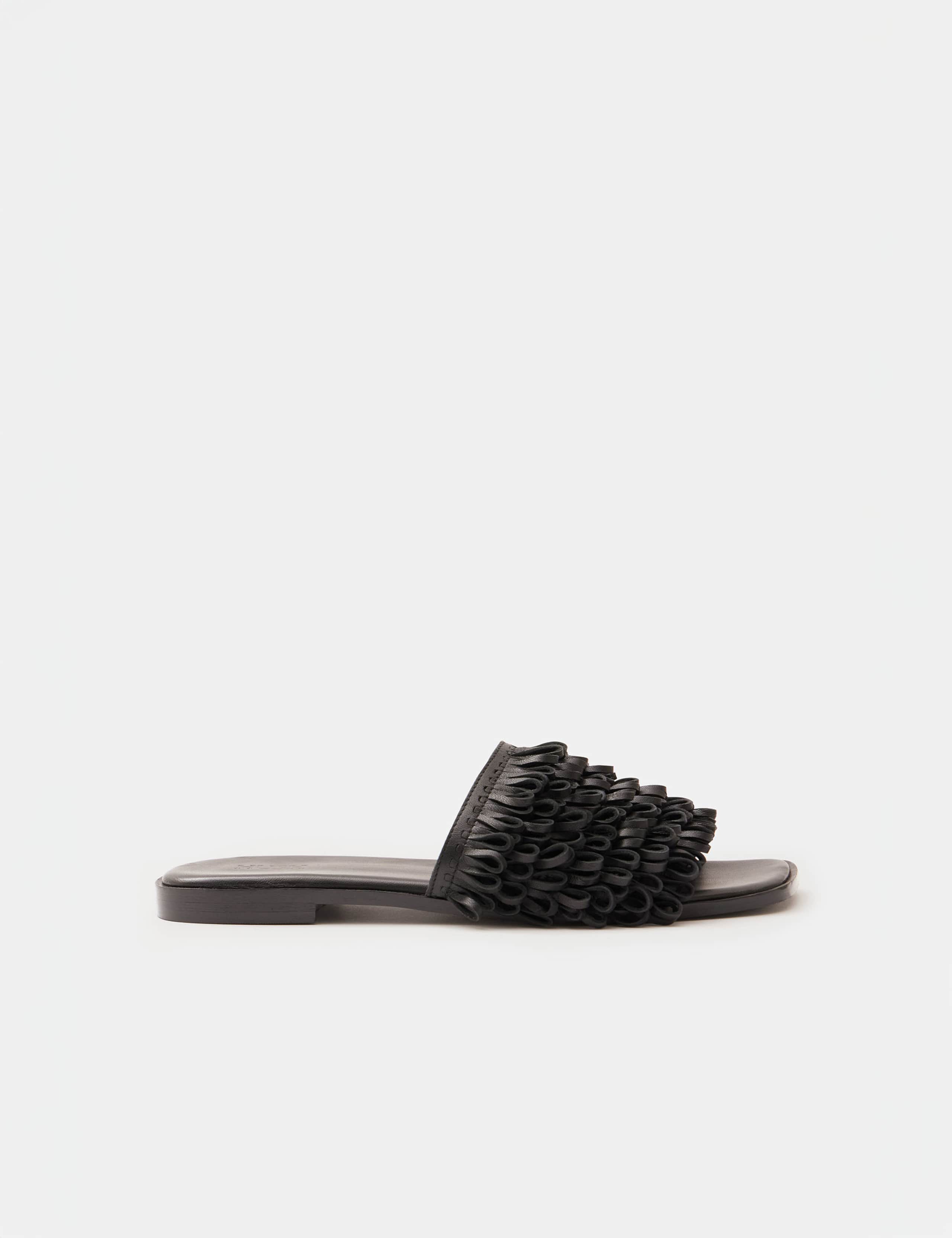Leather Fringed Flat Square Toe Sliders 1 of 5