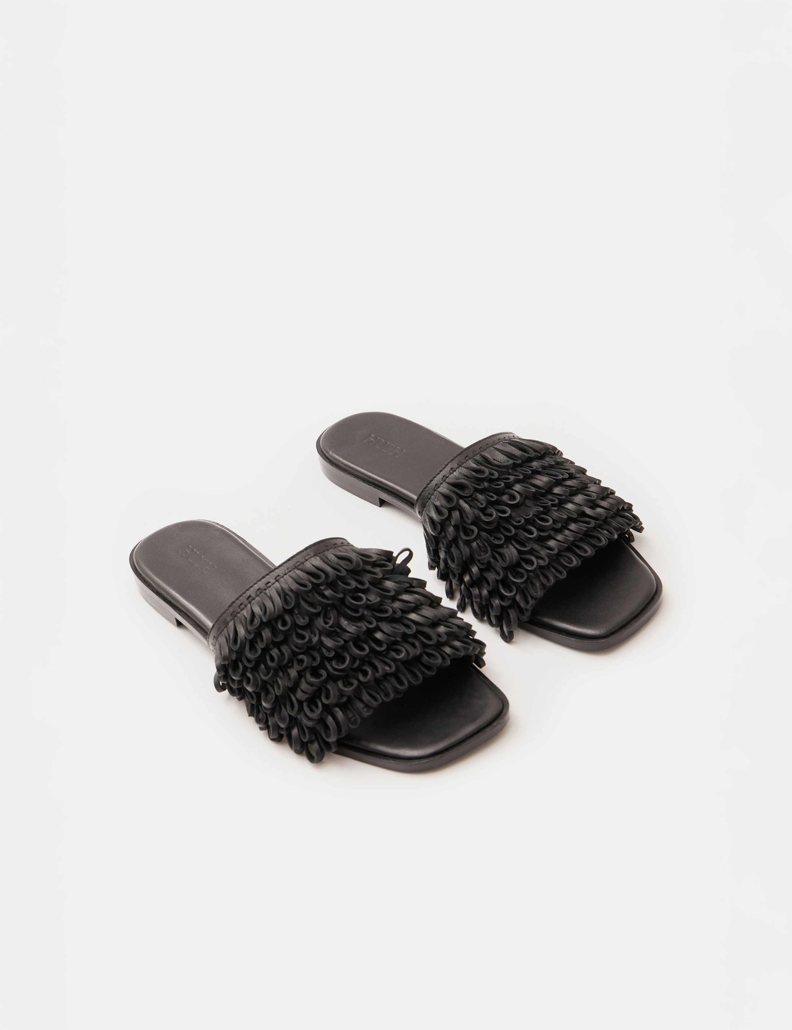 Leather Fringed Flat Square Toe Sliders 3 of 5