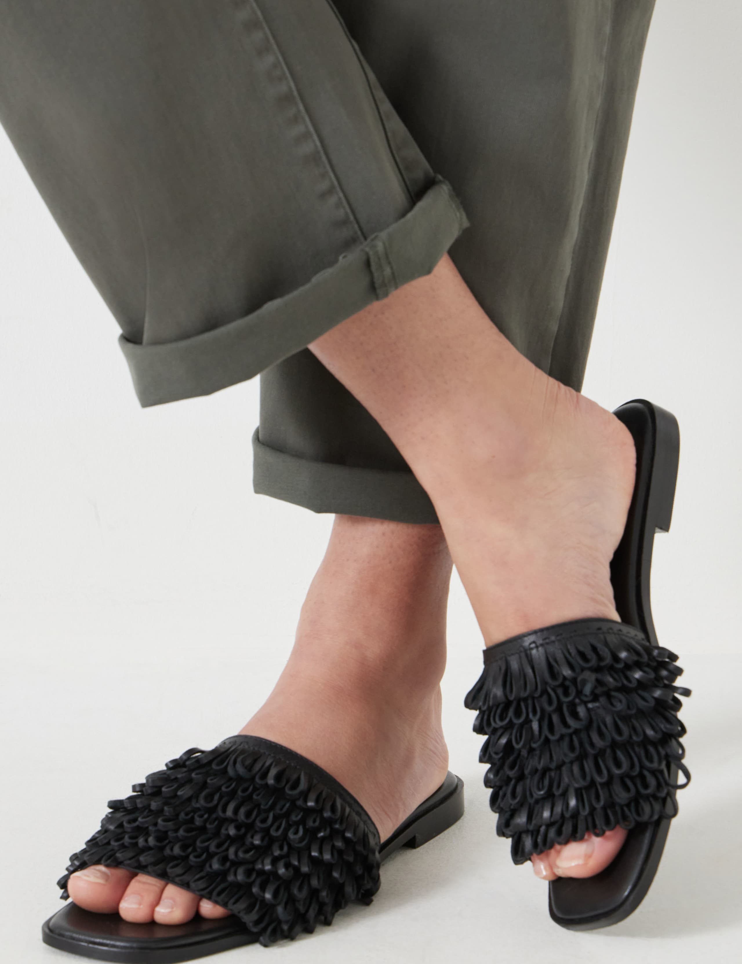 Leather Fringed Flat Square Toe Sliders 4 of 5
