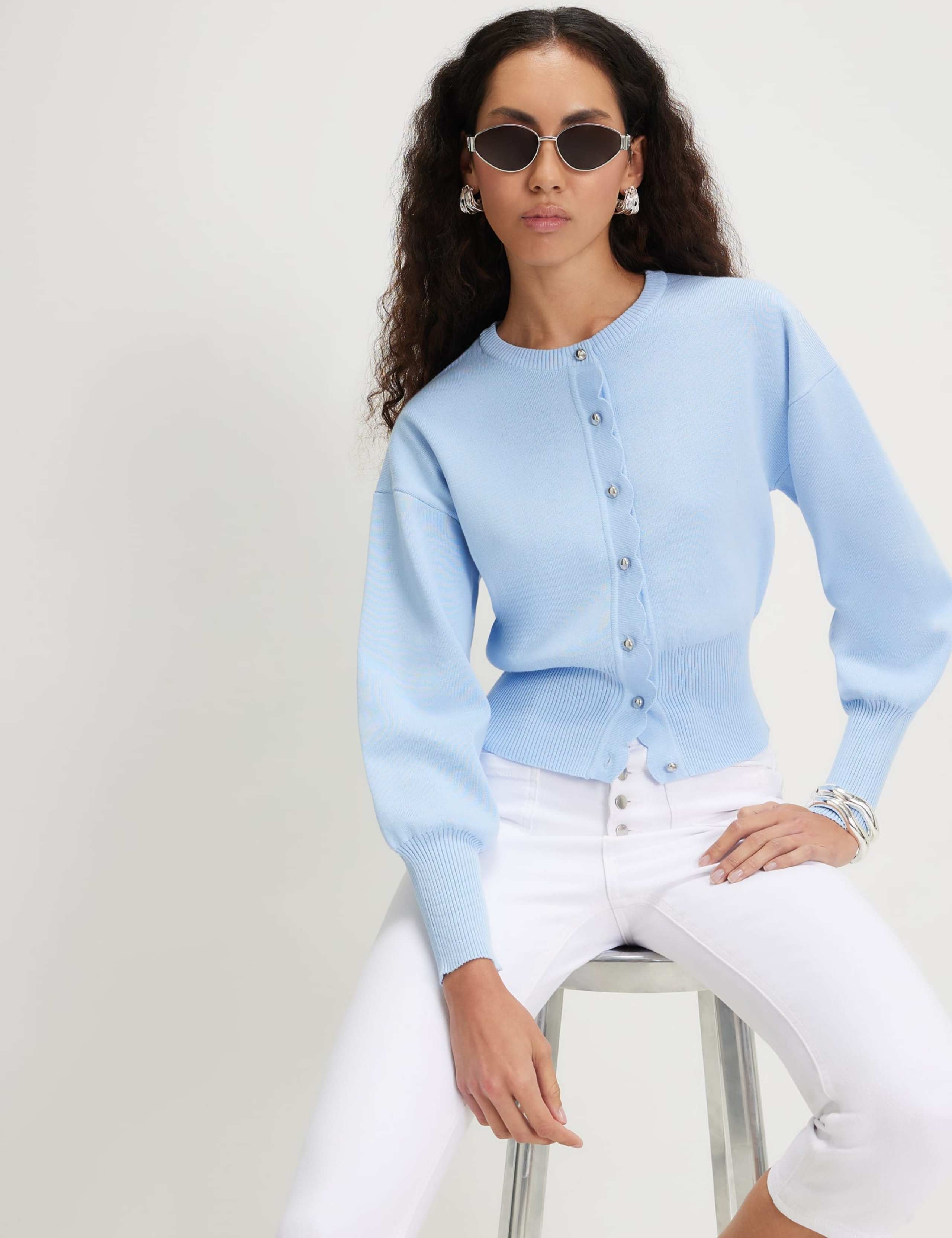 Scallop Blouson Sleeve Cardigan 1 of 5