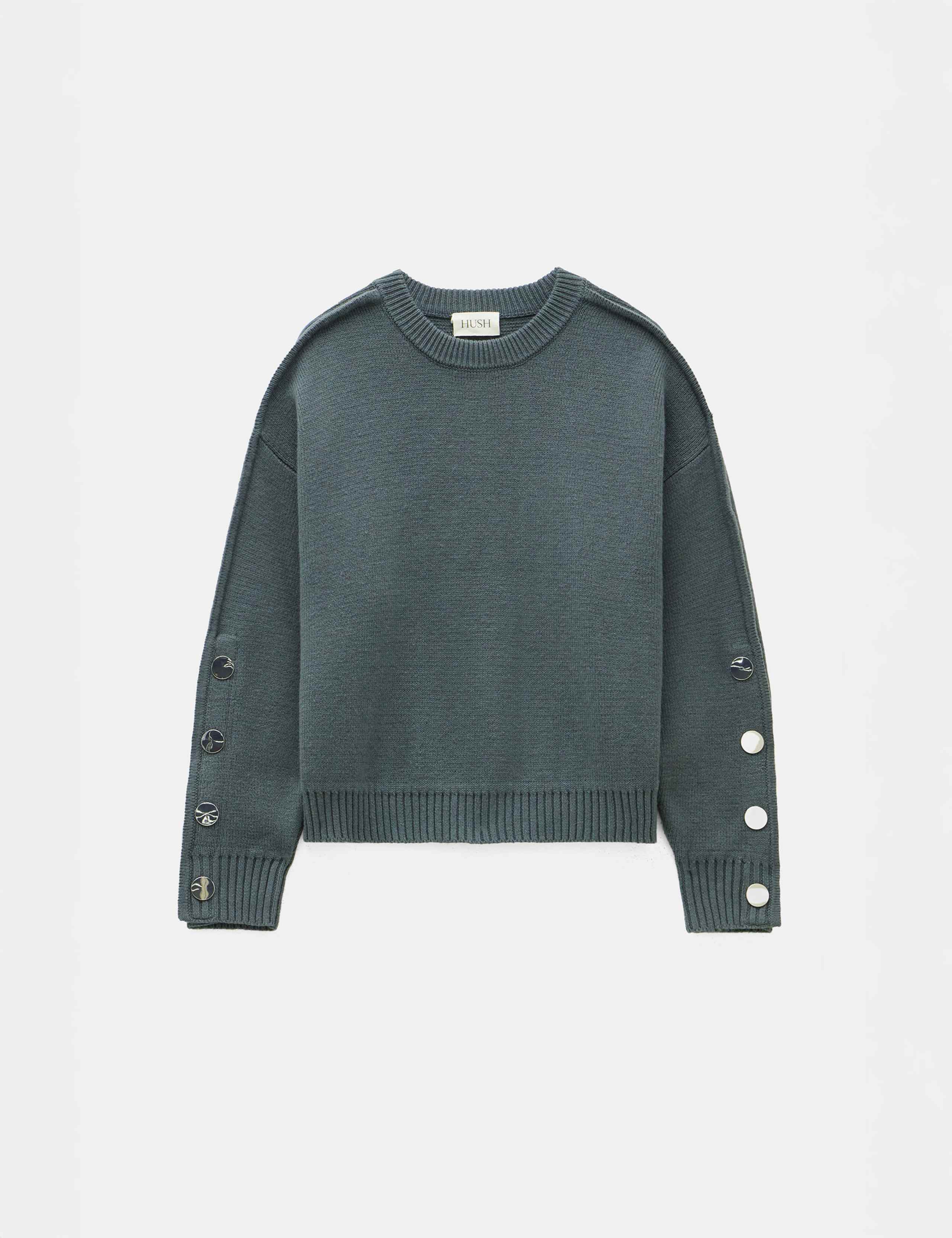 Cotton Rich Crew Neck Popper Sleeve Jumper 2 of 5