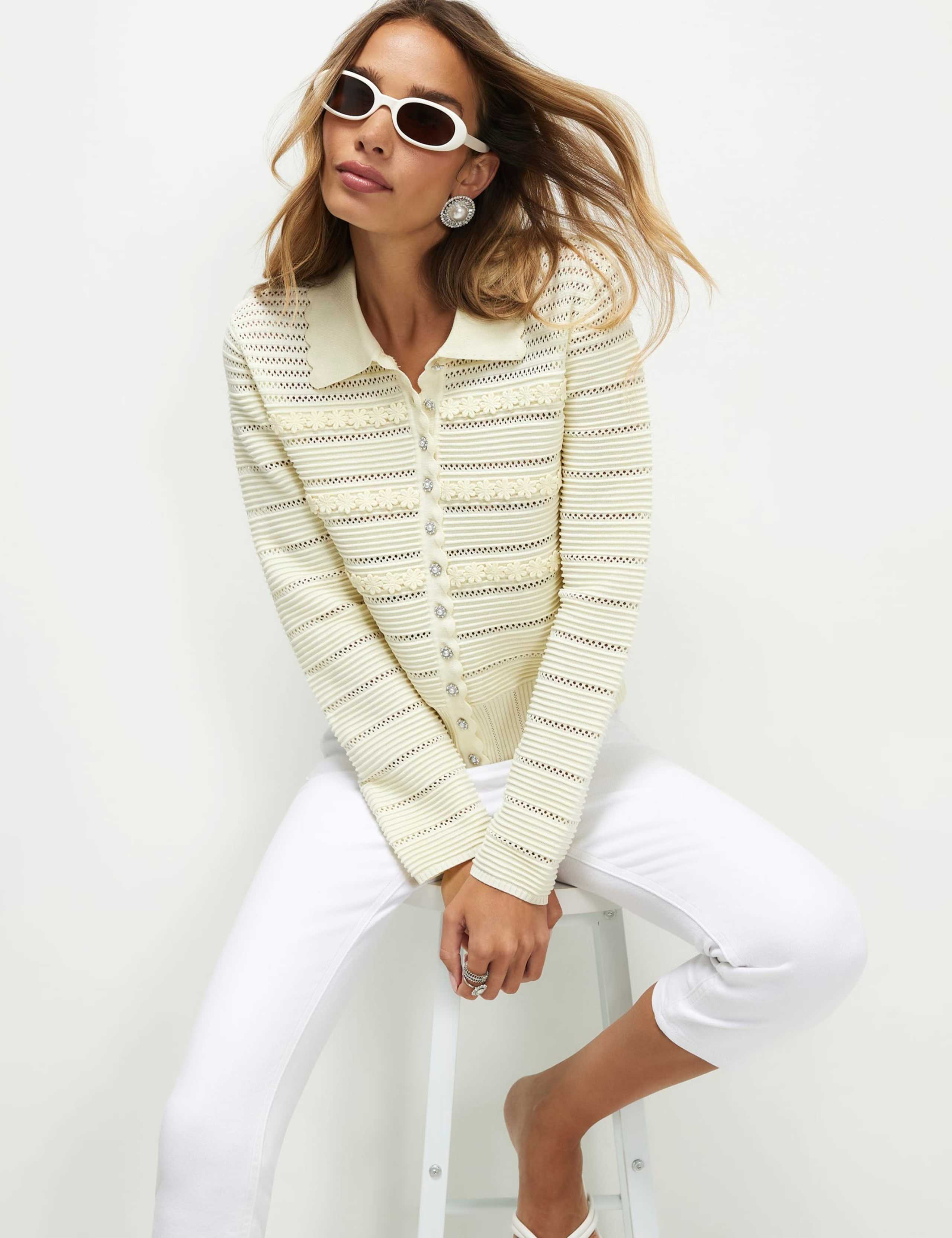 Pointelle Daisy Collared Fitted Cardigan 1 of 6