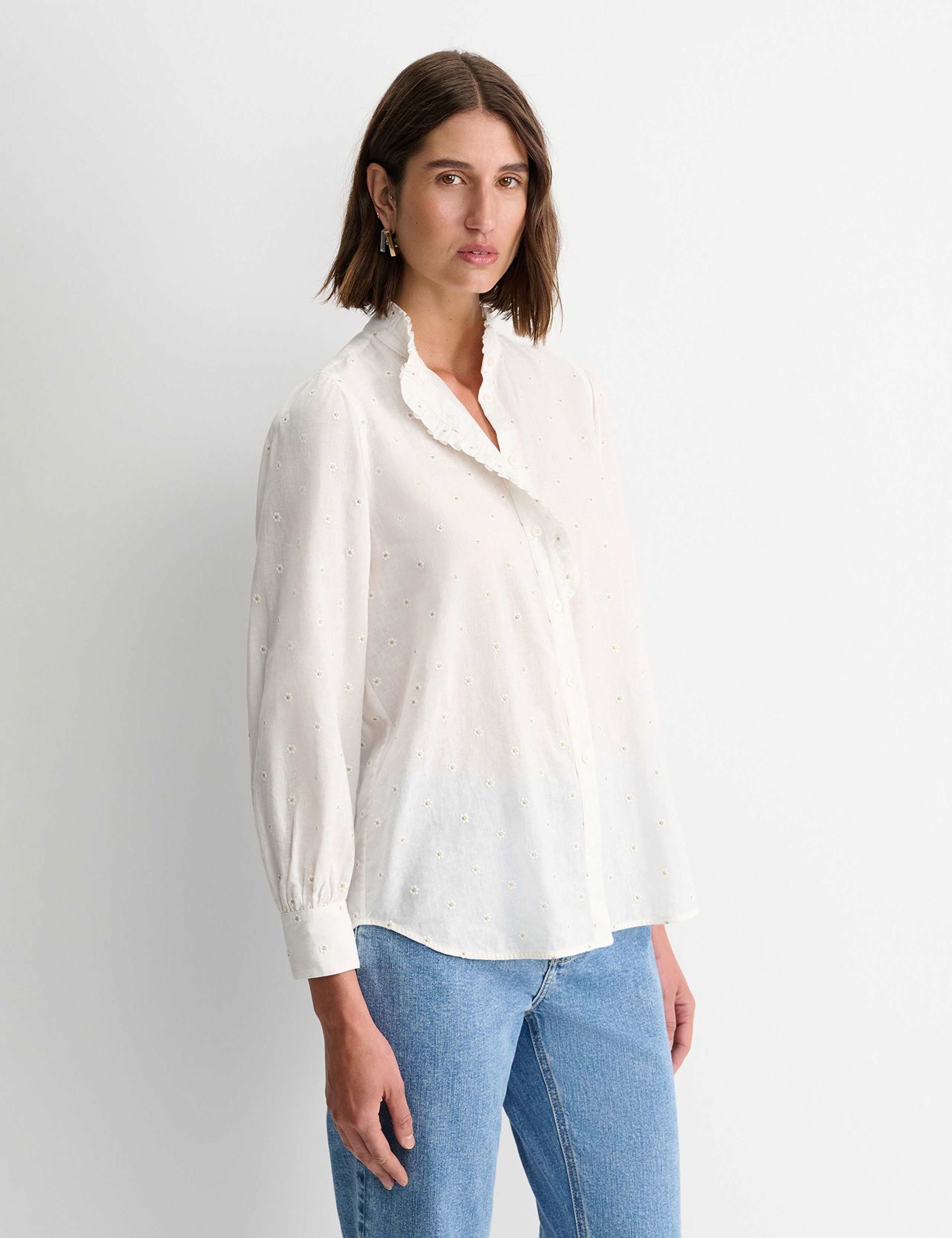 Linen Blend Broderie Collarless Shirt 2 of 5