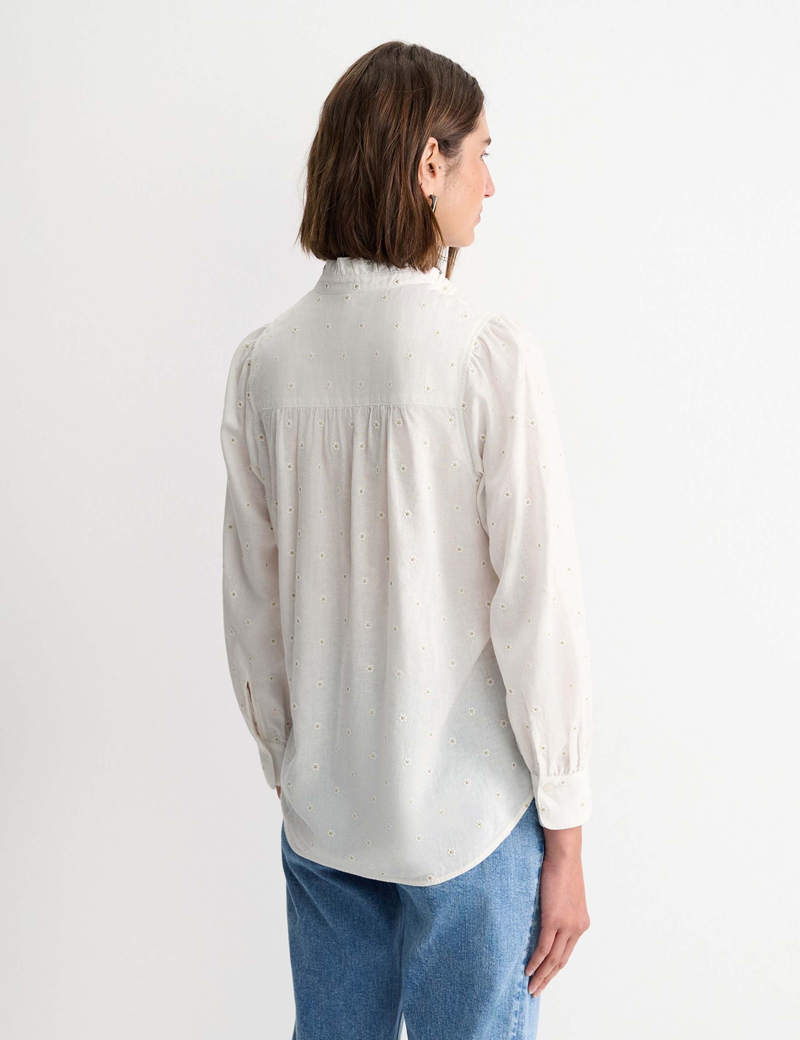 Linen Blend Broderie Collarless Shirt 4 of 5