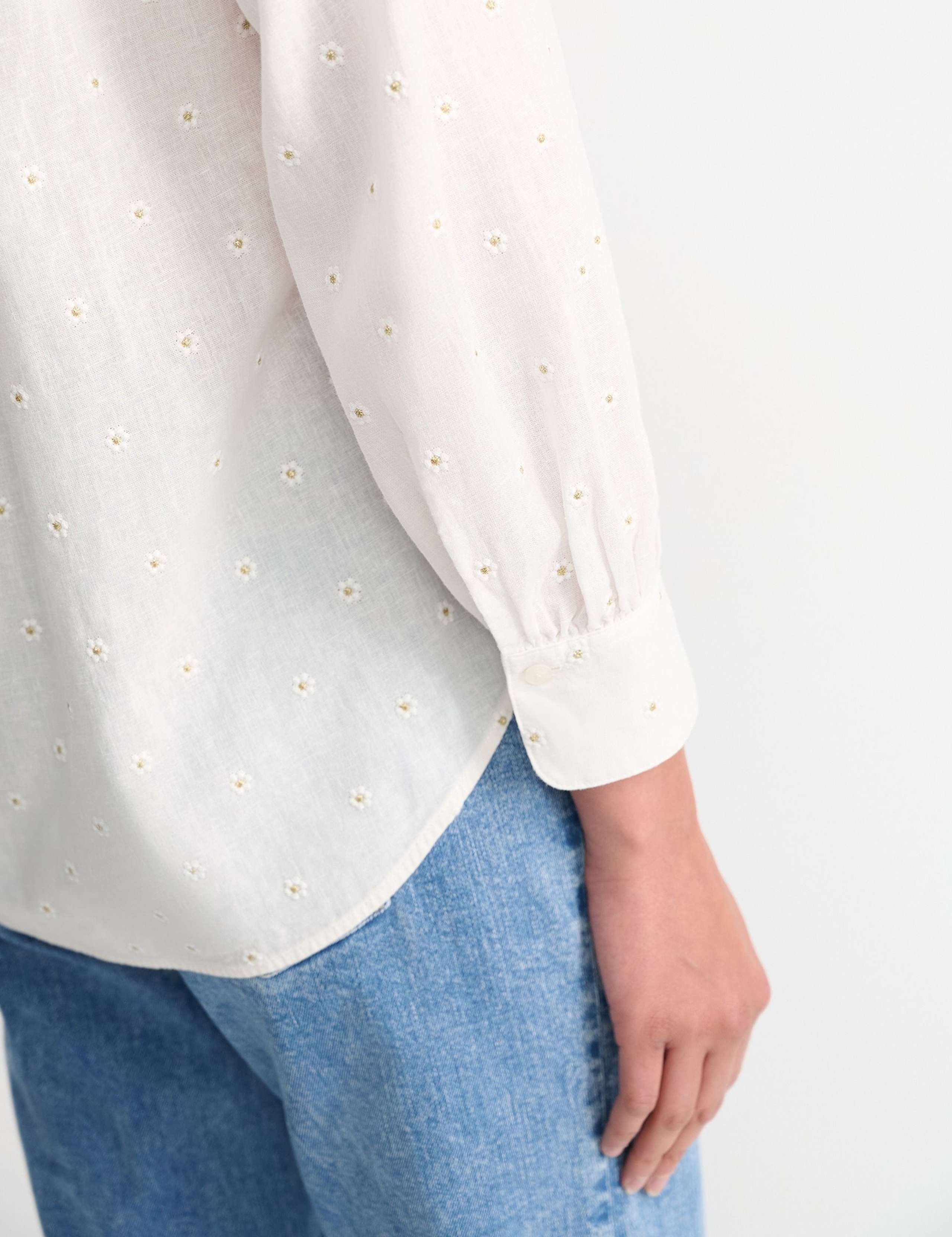 Linen Blend Broderie Collarless Shirt 5 of 5
