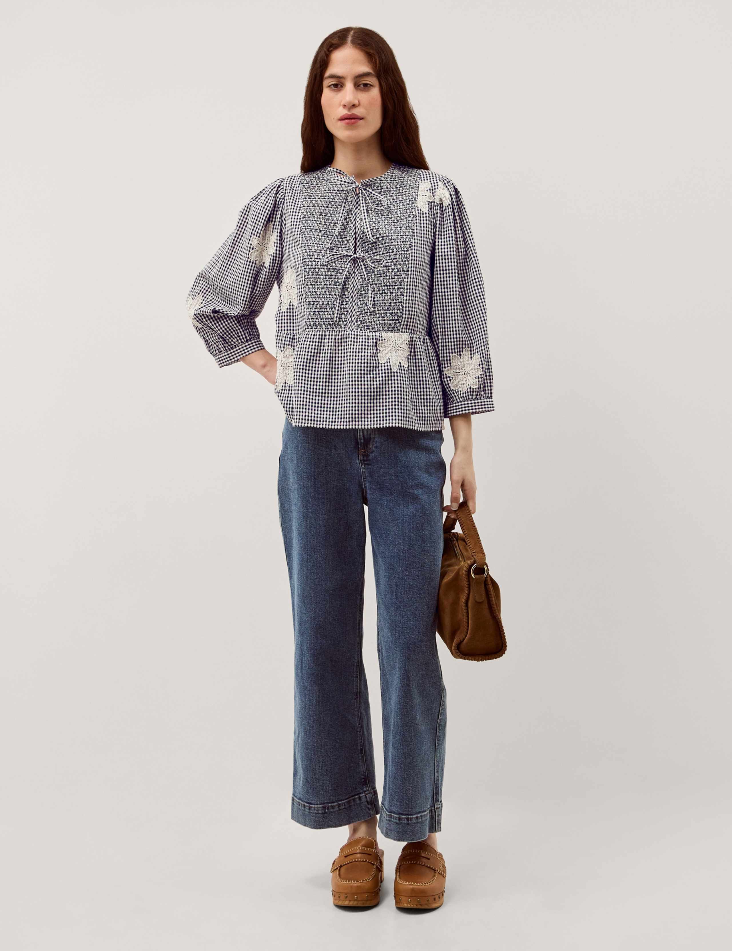 Pure Cotton Checked Tie Neck Blouse 3 of 5