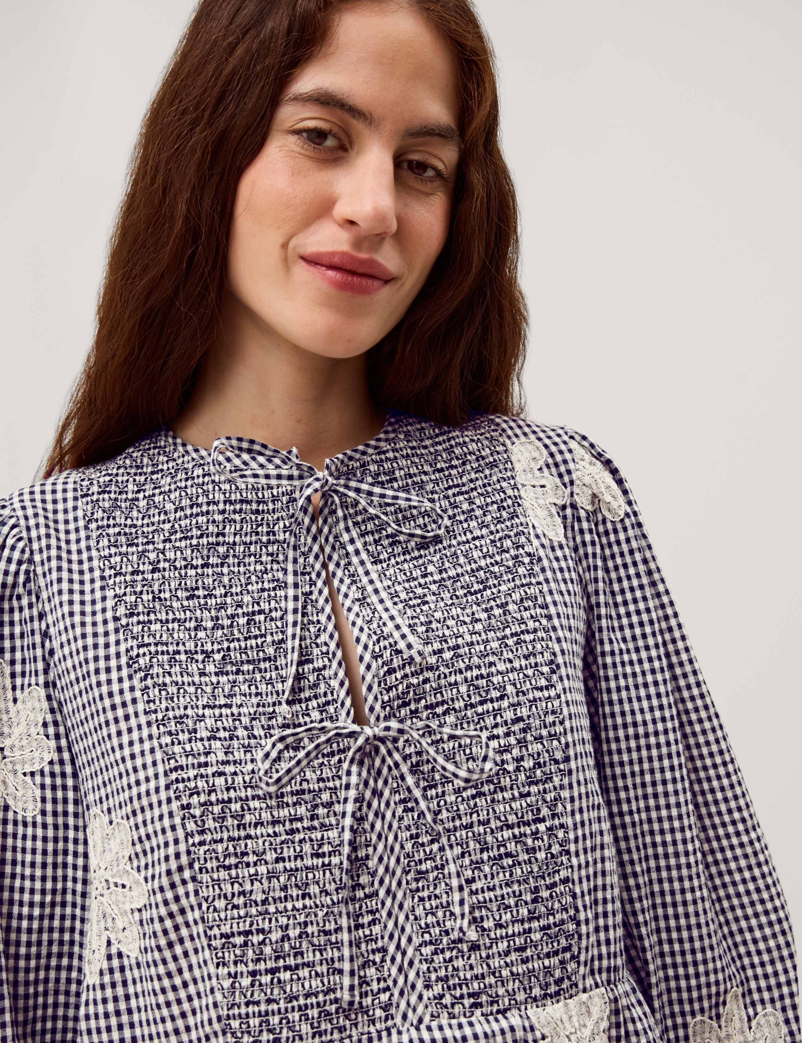 Pure Cotton Checked Tie Neck Blouse 5 of 5