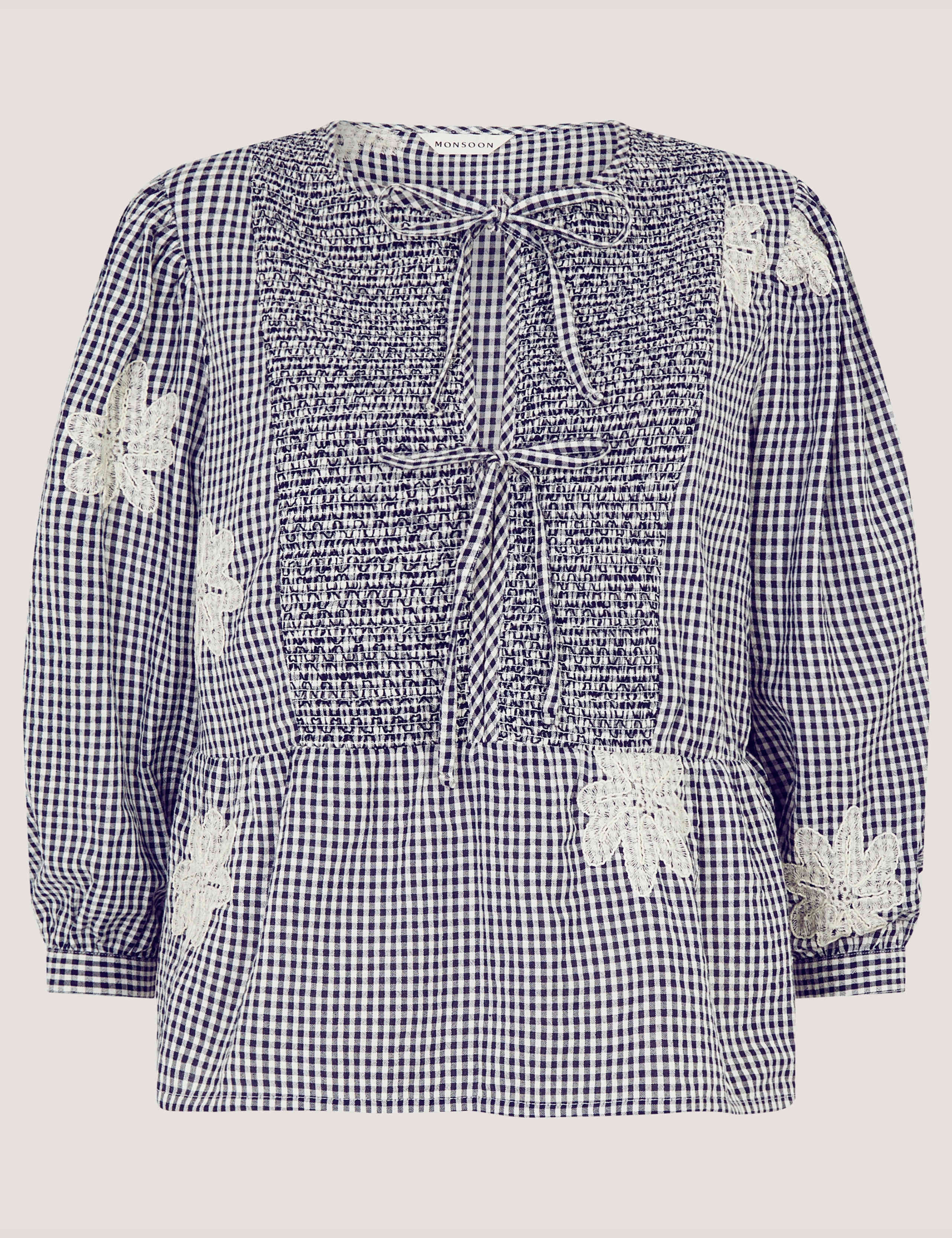 Pure Cotton Checked Tie Neck Blouse 2 of 5