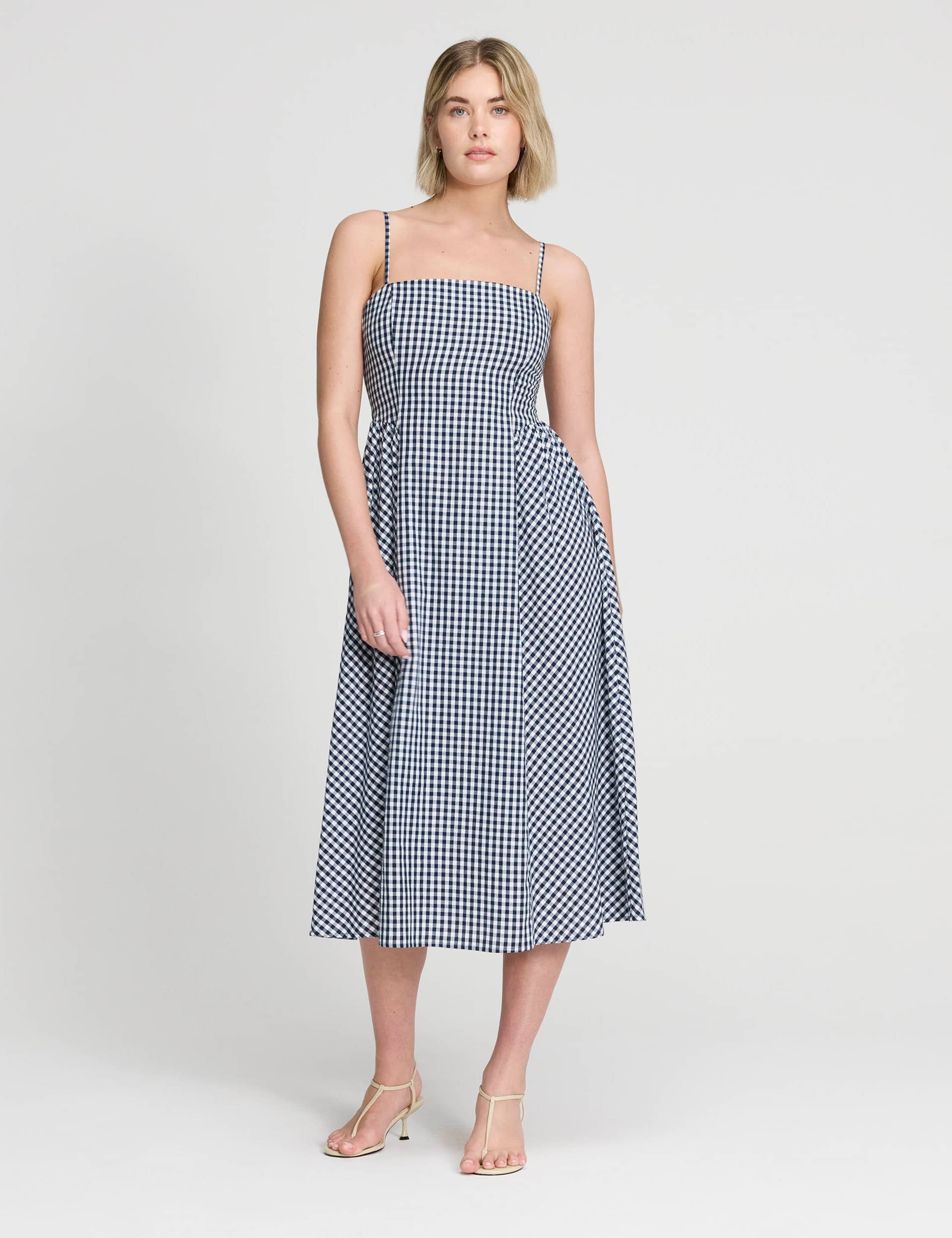Pure Cotton Gingham Square Neck Midi Dress 3 of 9