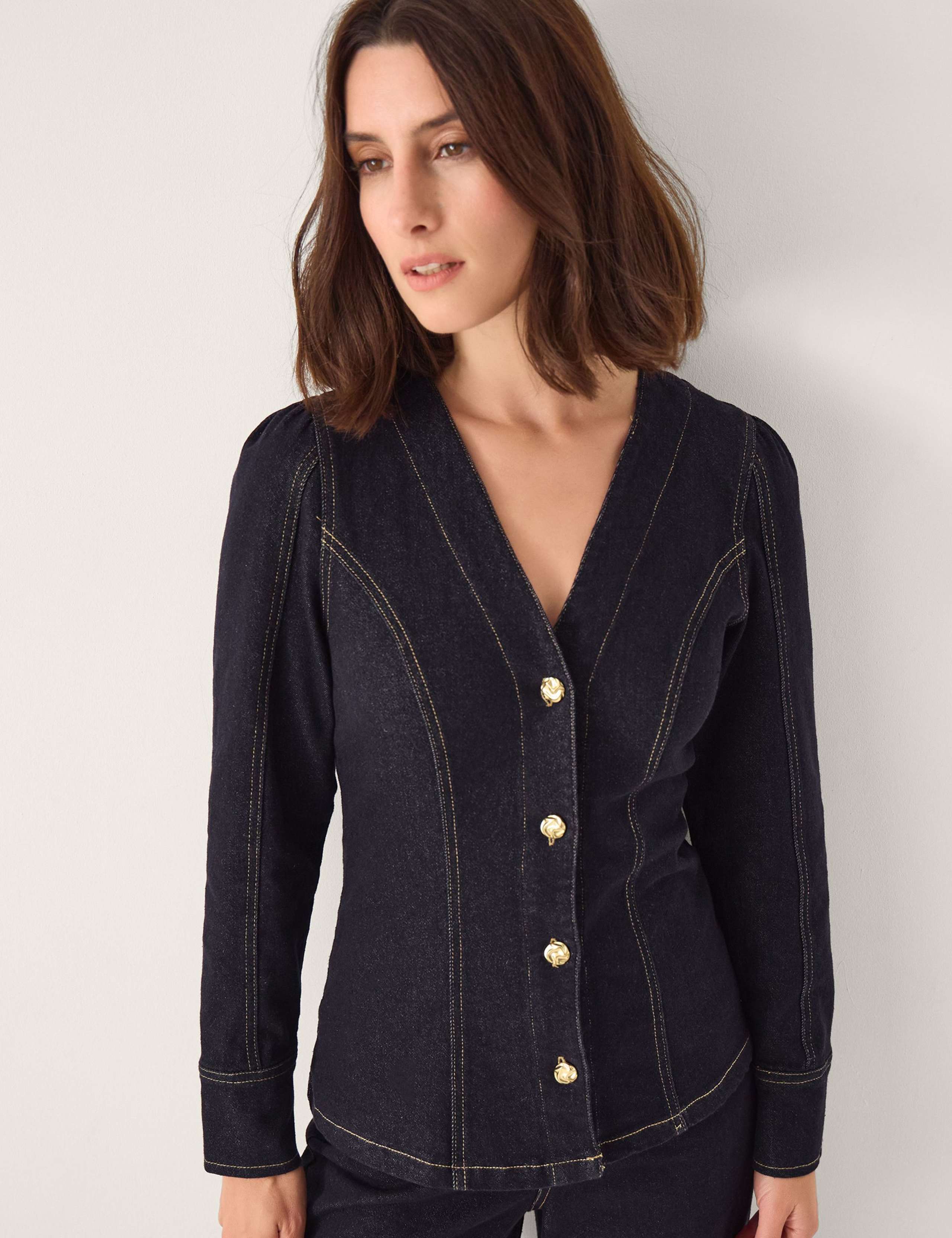 Cotton Rich Denim Tailored V-Neck Shirt 1 of 4