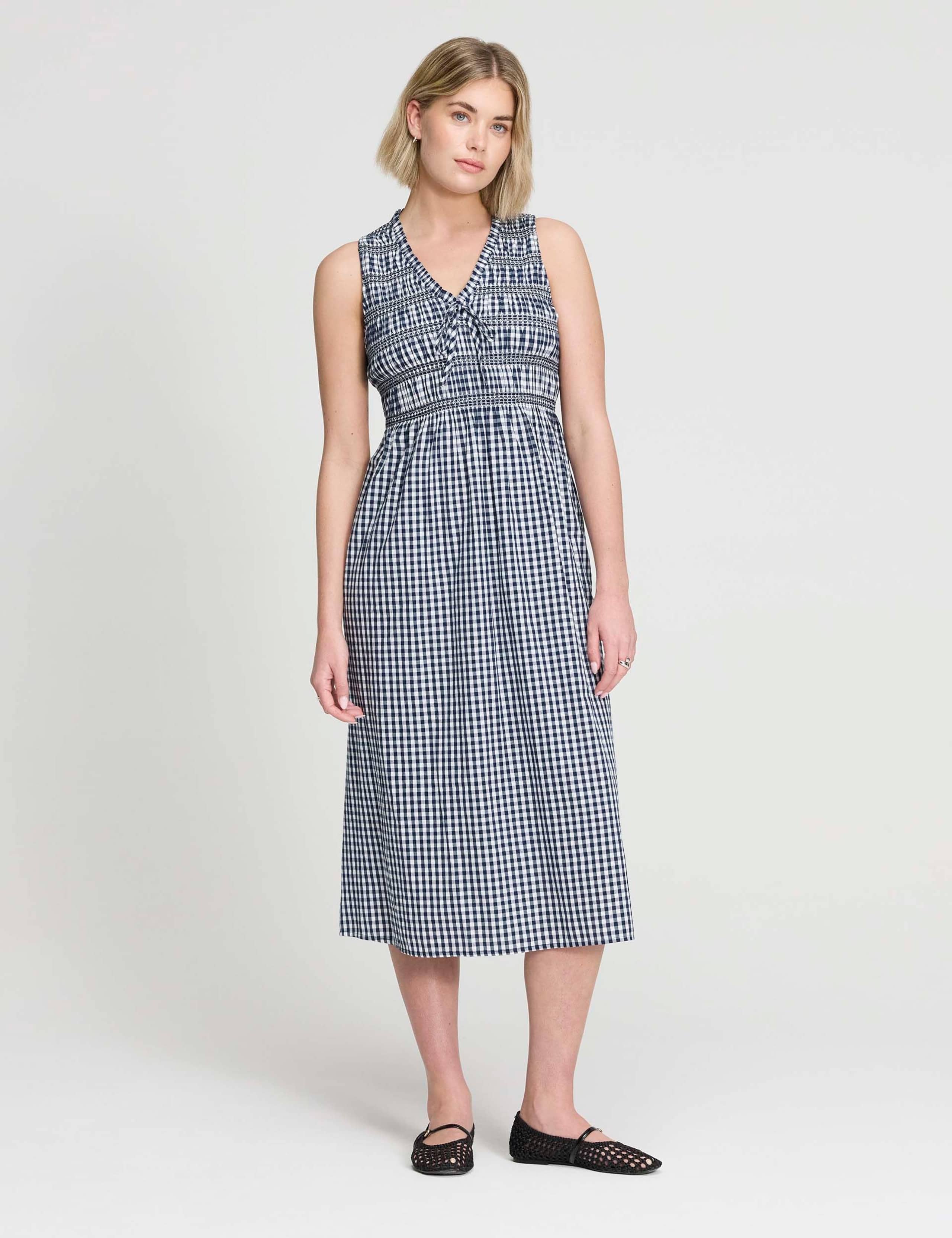 Pure Cotton Gingham Midi Shirred Dress 2 of 6