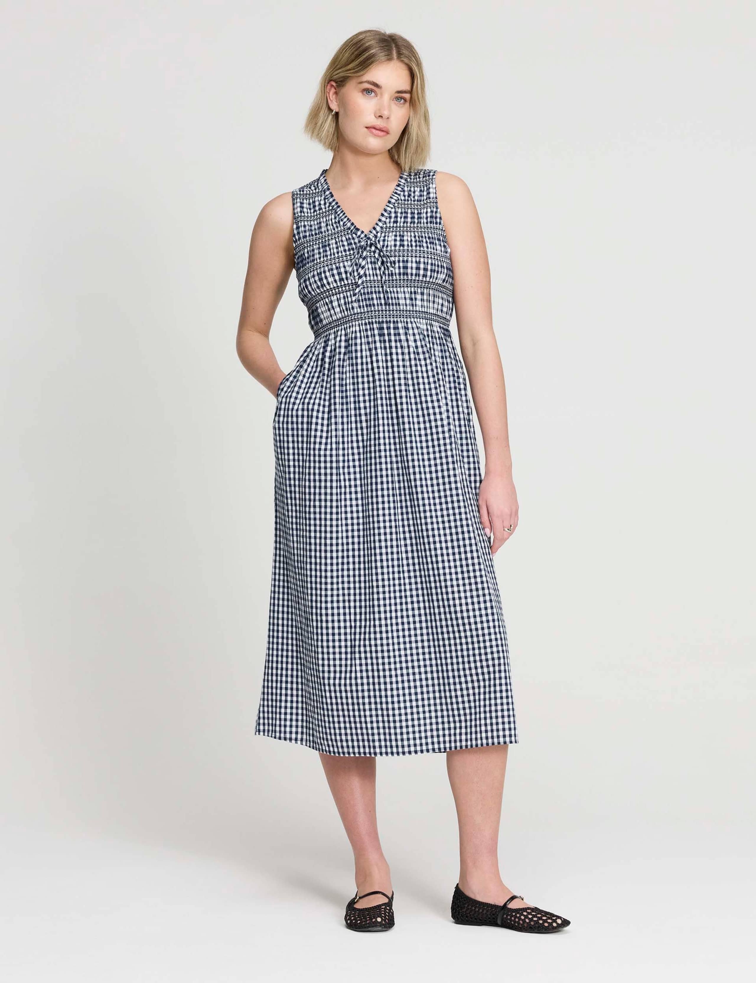 Pure Cotton Gingham Midi Shirred Dress 3 of 6
