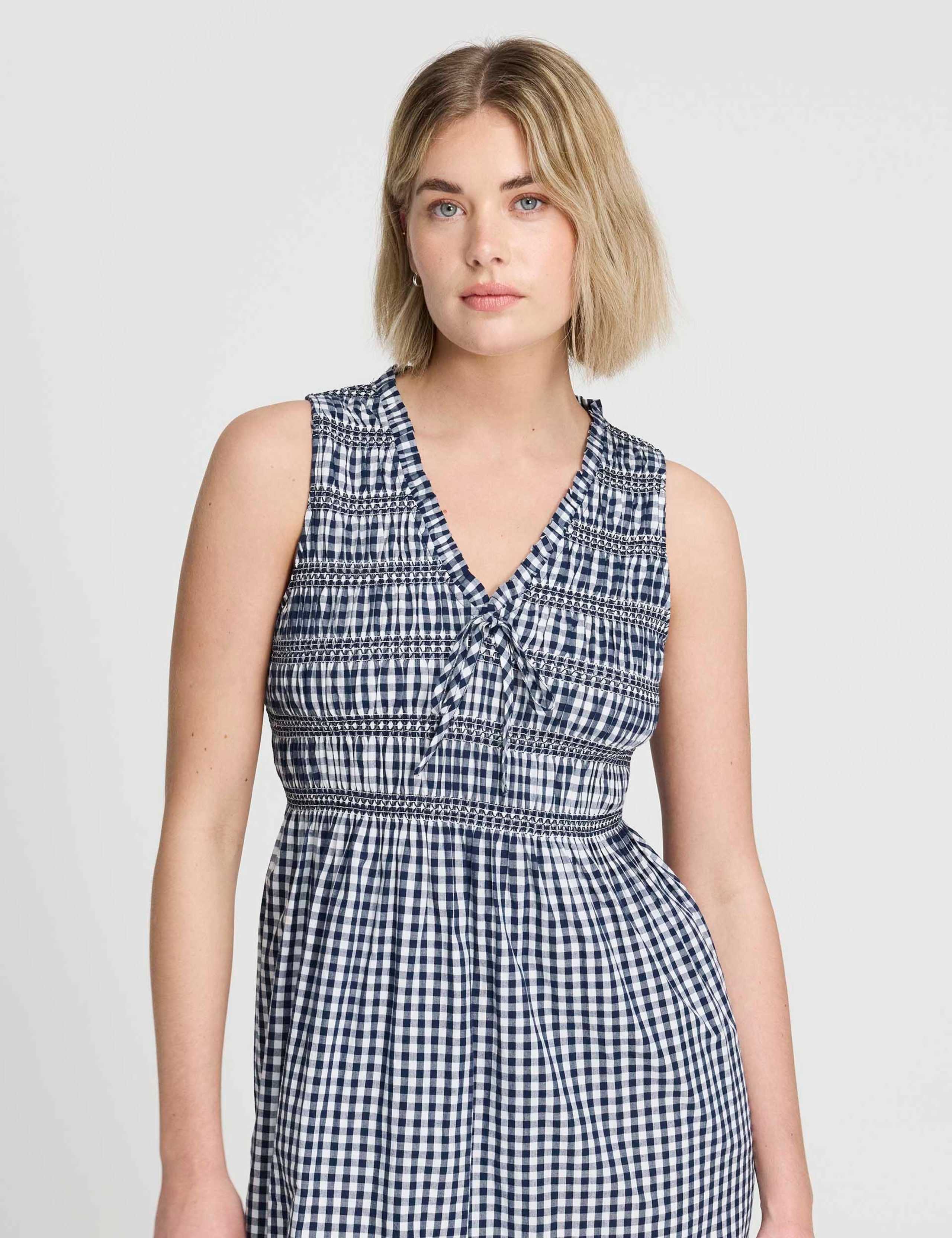 Pure Cotton Gingham Midi Shirred Dress 5 of 6