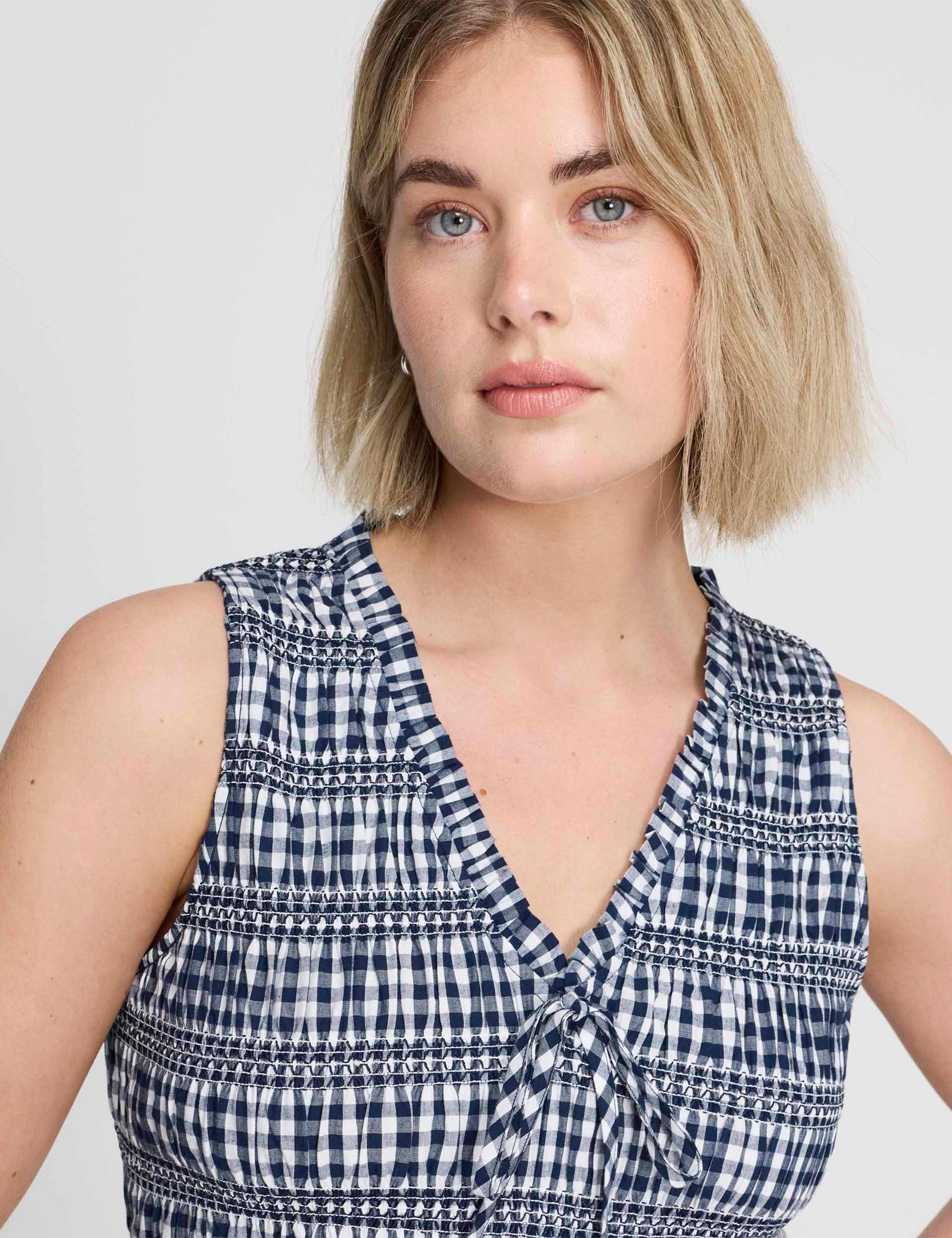 Pure Cotton Gingham Midi Shirred Dress 6 of 6