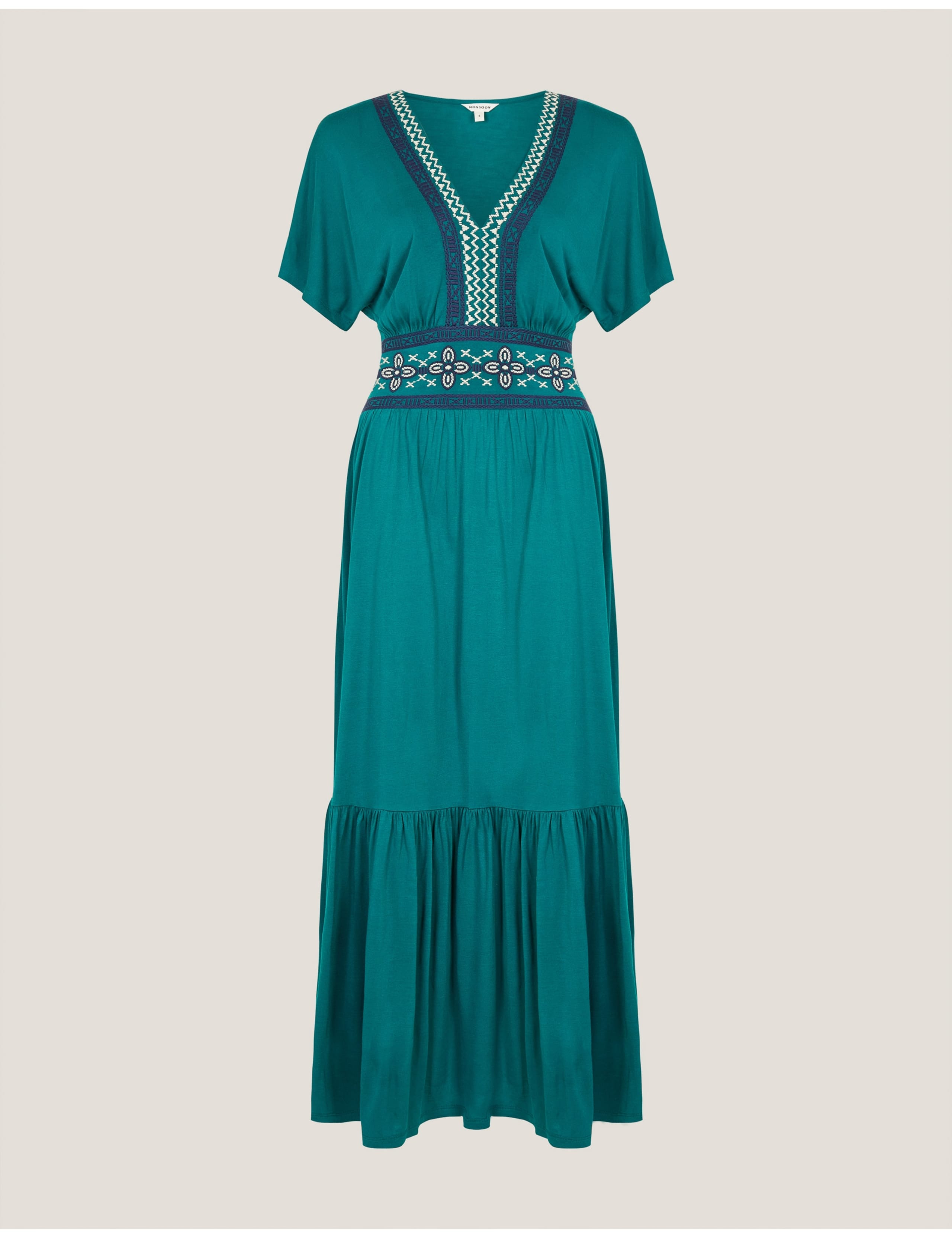 Jersey Embroidered V-Neck Midi Waisted Dress 2 of 5