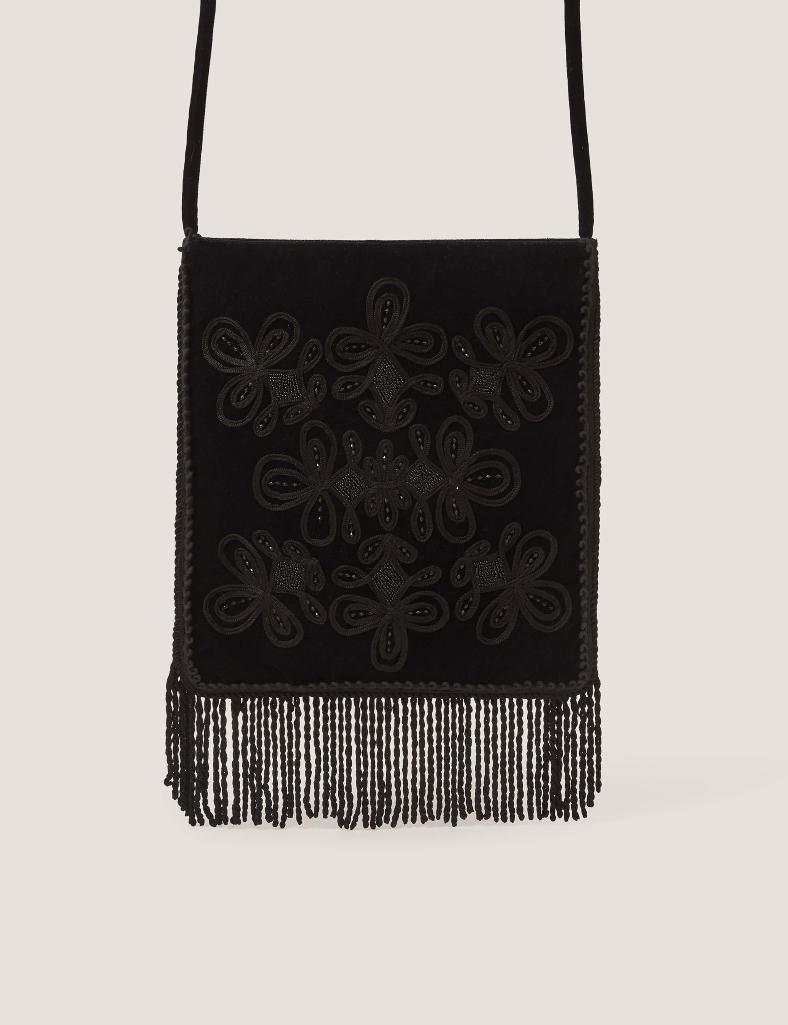Velvet Embroidered Fringed Shoulder Bag 1 of 4