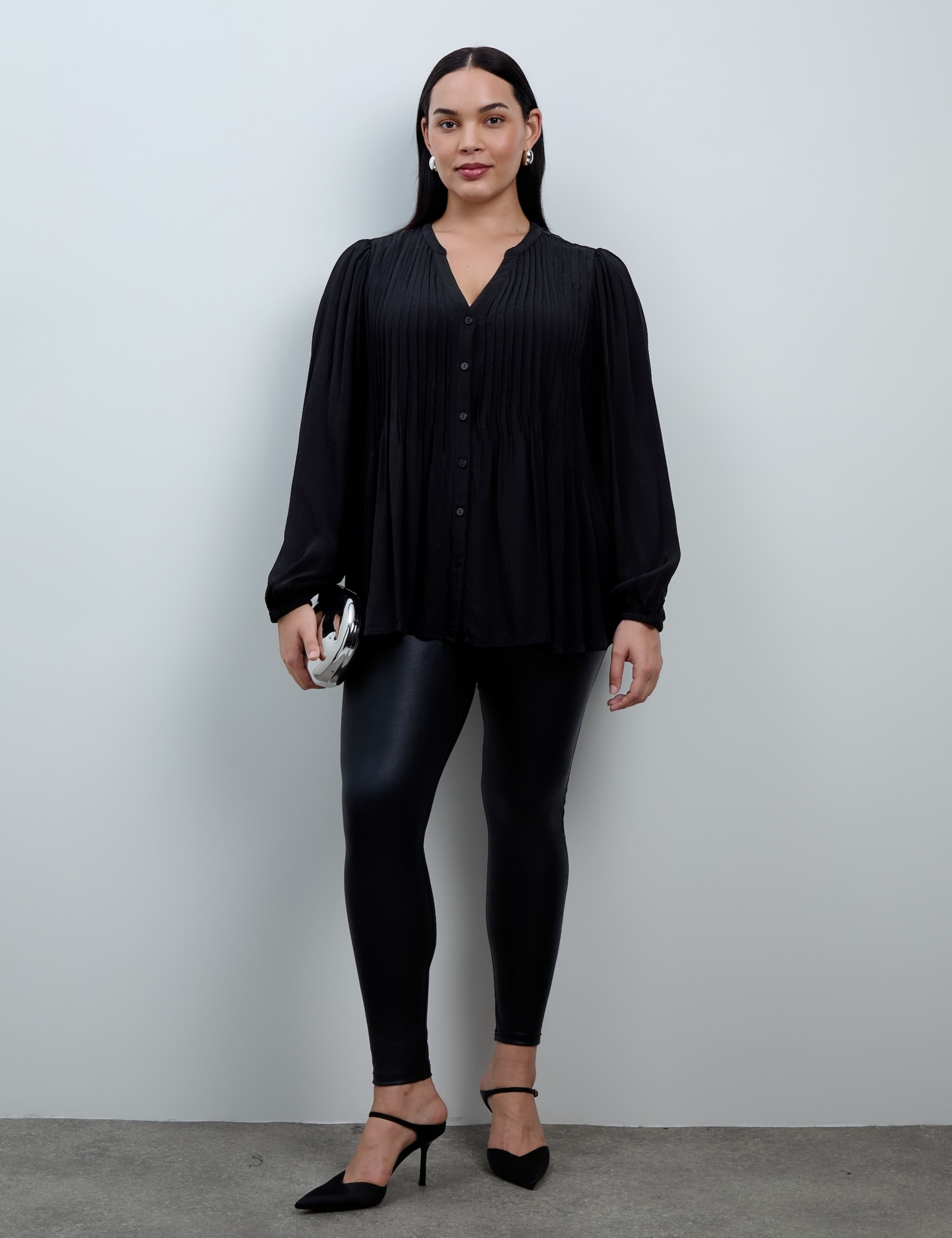 V Neck Pintuck Button Through Blouson Sleeve Top 4 of 5