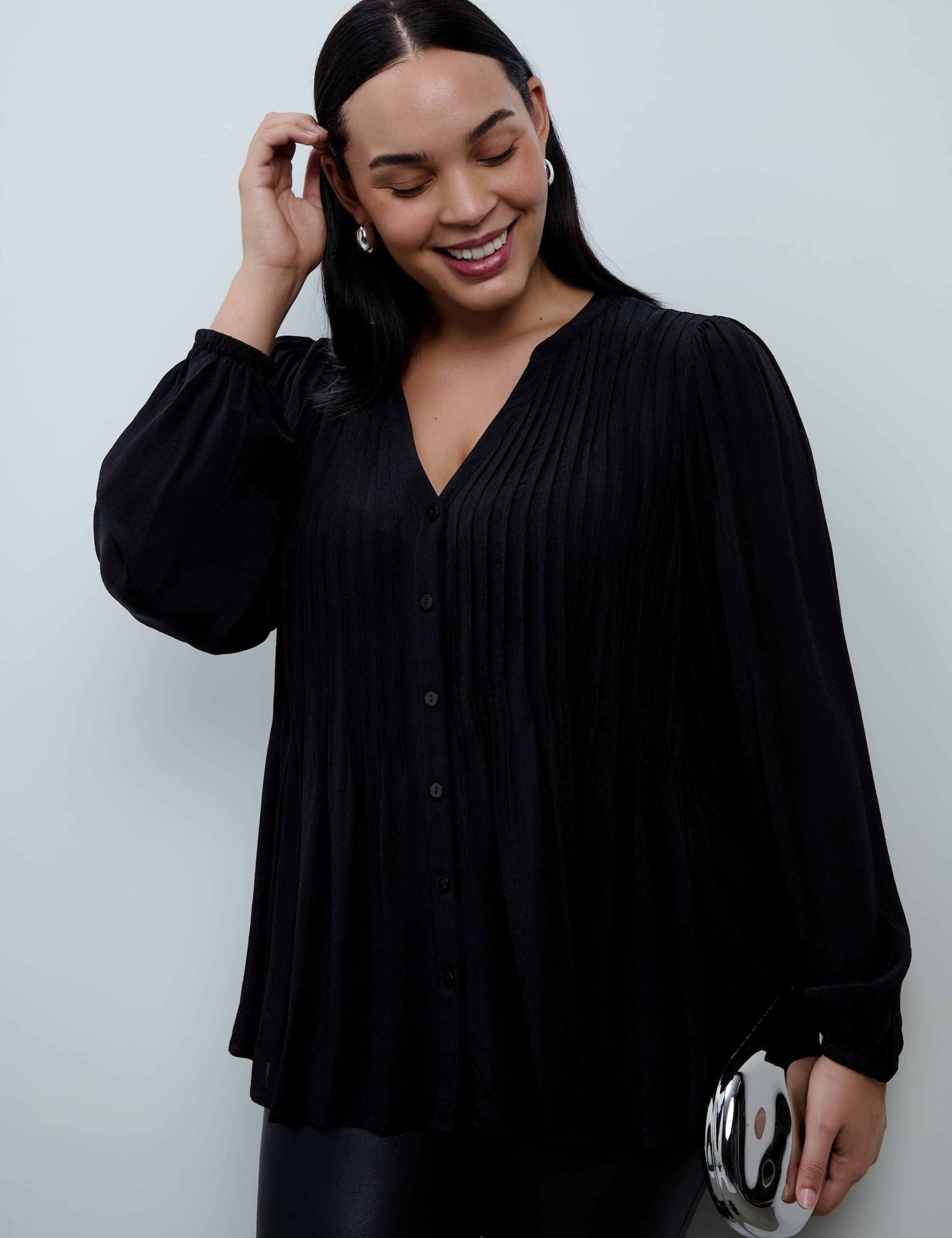 V Neck Pintuck Button Through Blouson Sleeve Top 5 of 5