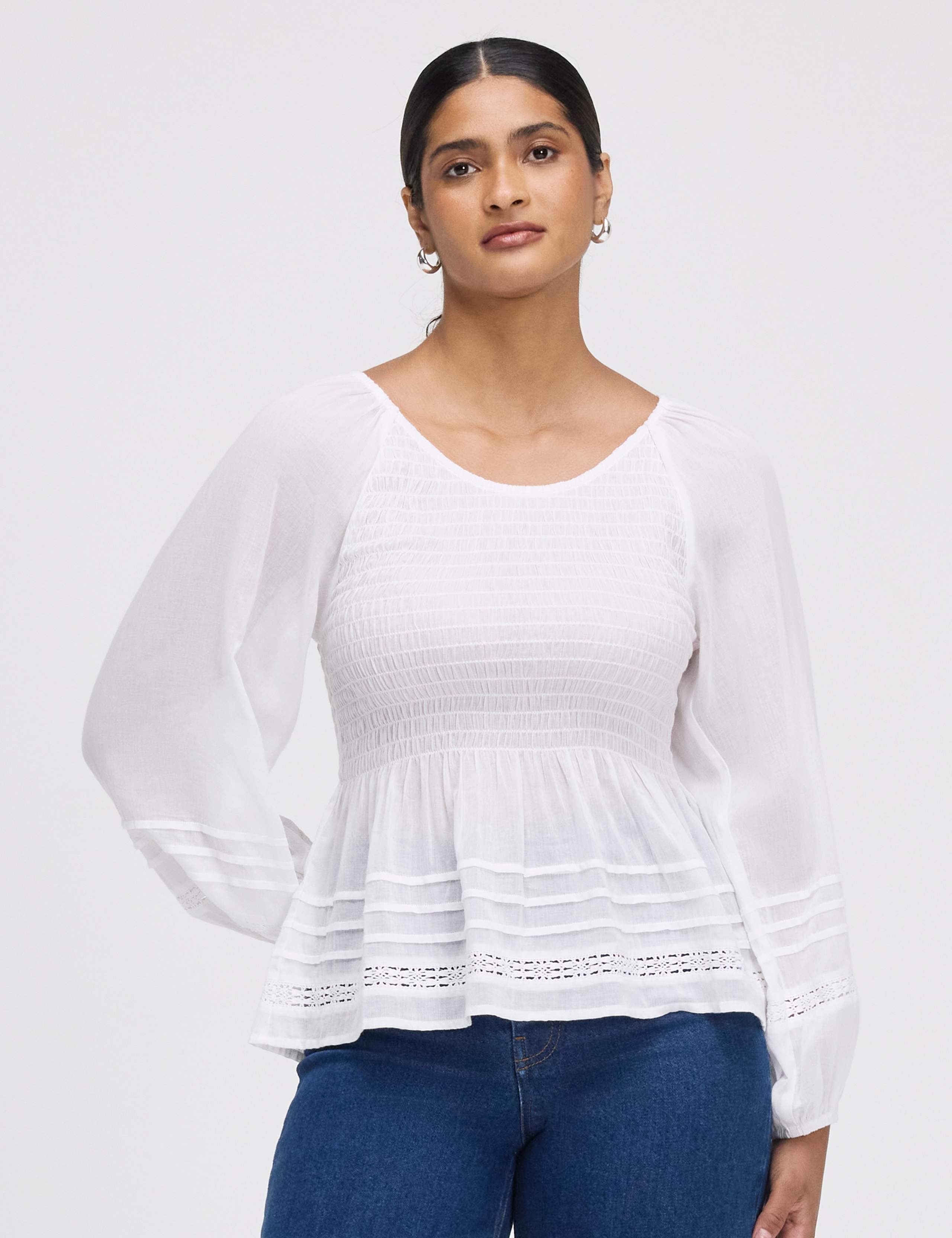 Pure Cotton Shirred Blouson Sleeve Top 1 of 7
